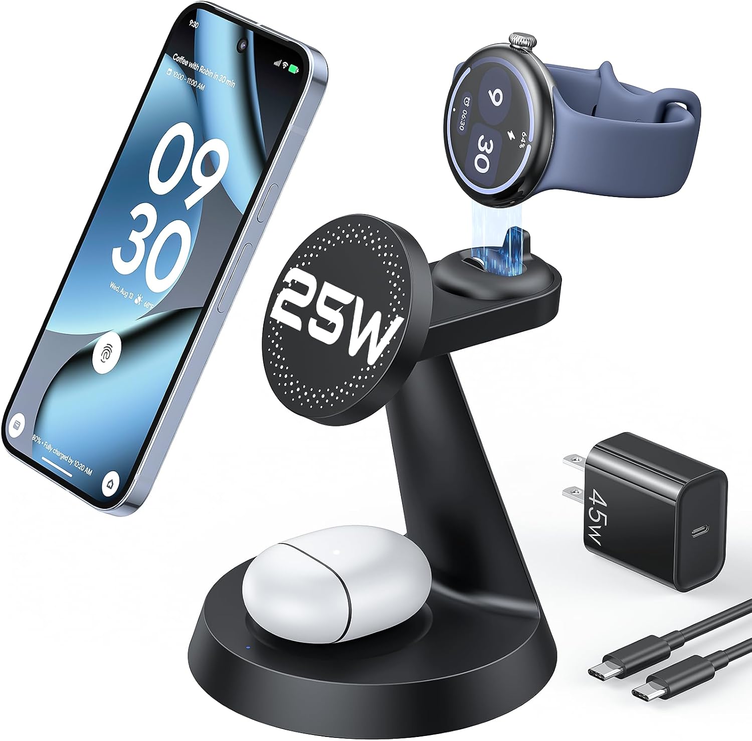 Meifigno 25W 3-in-1 Charging Station for Pixel Watch 5/4, Magnetic Stand