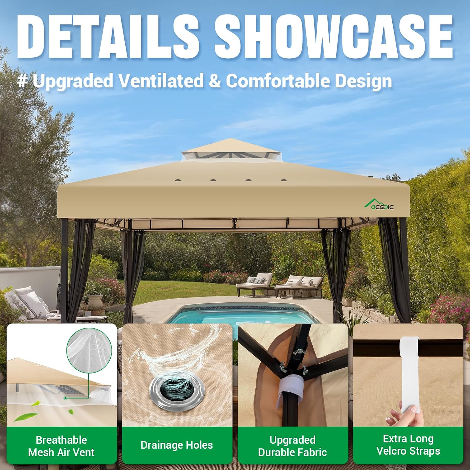 Detalle de Acepic 8x8 Ft Khaki Double-Tier Gazebo Replacement Canopy, 420D Waterproof