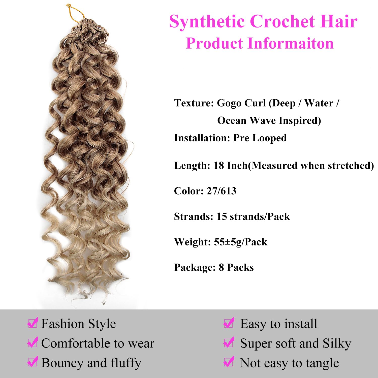 Detalle de XSASLYET Pre Looped GoGo Curl Crochet Hair, 18 Inch, 8 Packs — Deep Wave, Prelooped, Synthetic Water Wave Braids