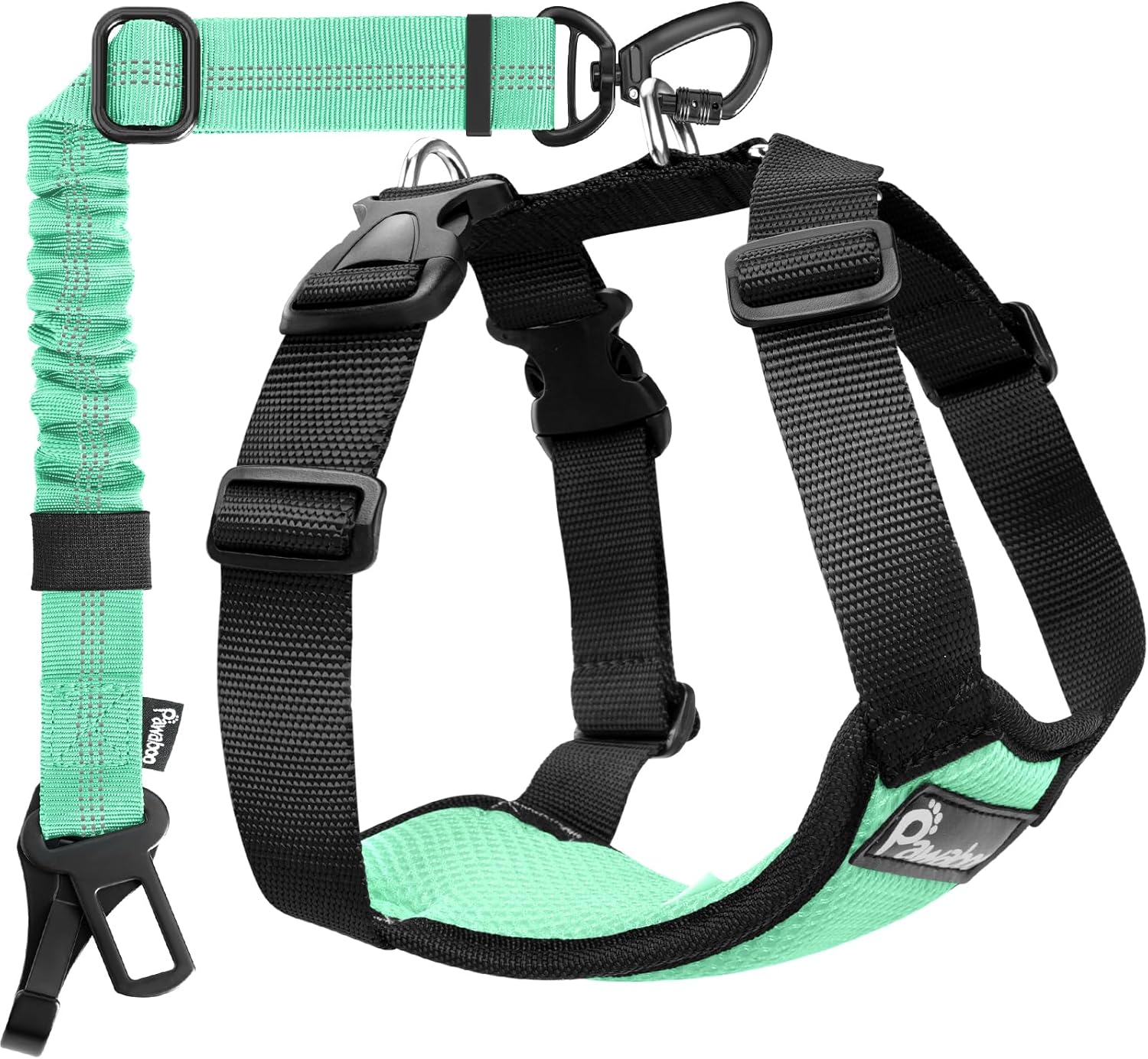 Detalle de Pawaboo Dog Seat Belt Harness for Car (L, Light Blue + Black) – Dual Clips, Elastic Bungee, Adjustable Car Harness
