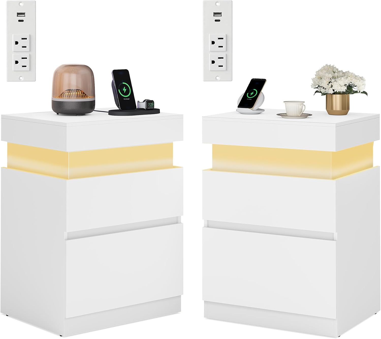 Detalle de VASAGLE ULET840WB03 KAILYN Nightstand with Sliding Lid, Charging and LEDs