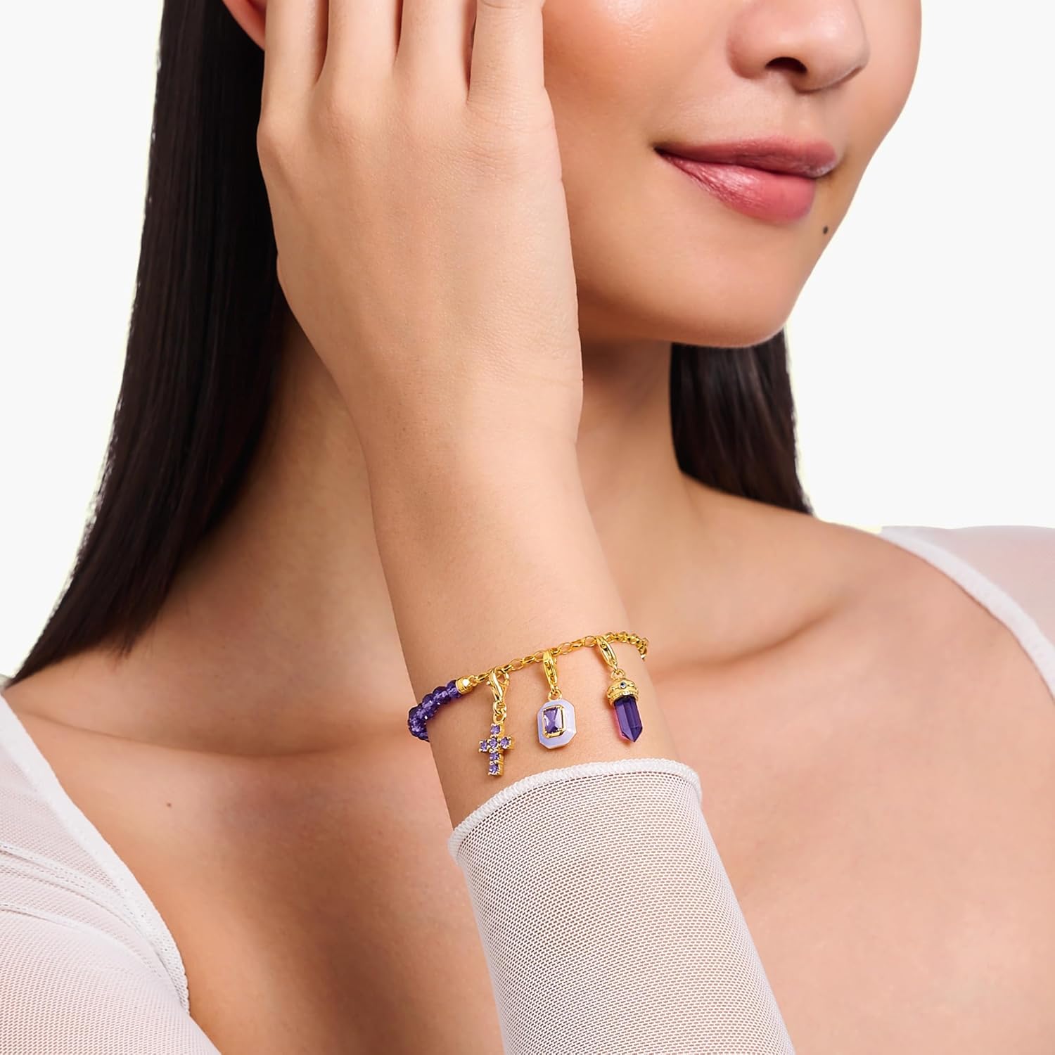 Thumbnail 1 de THOMAS SABO Charm-Anhänger Kreuz mit violetten Steinen, vergoldet (925 Sterlingsilber)