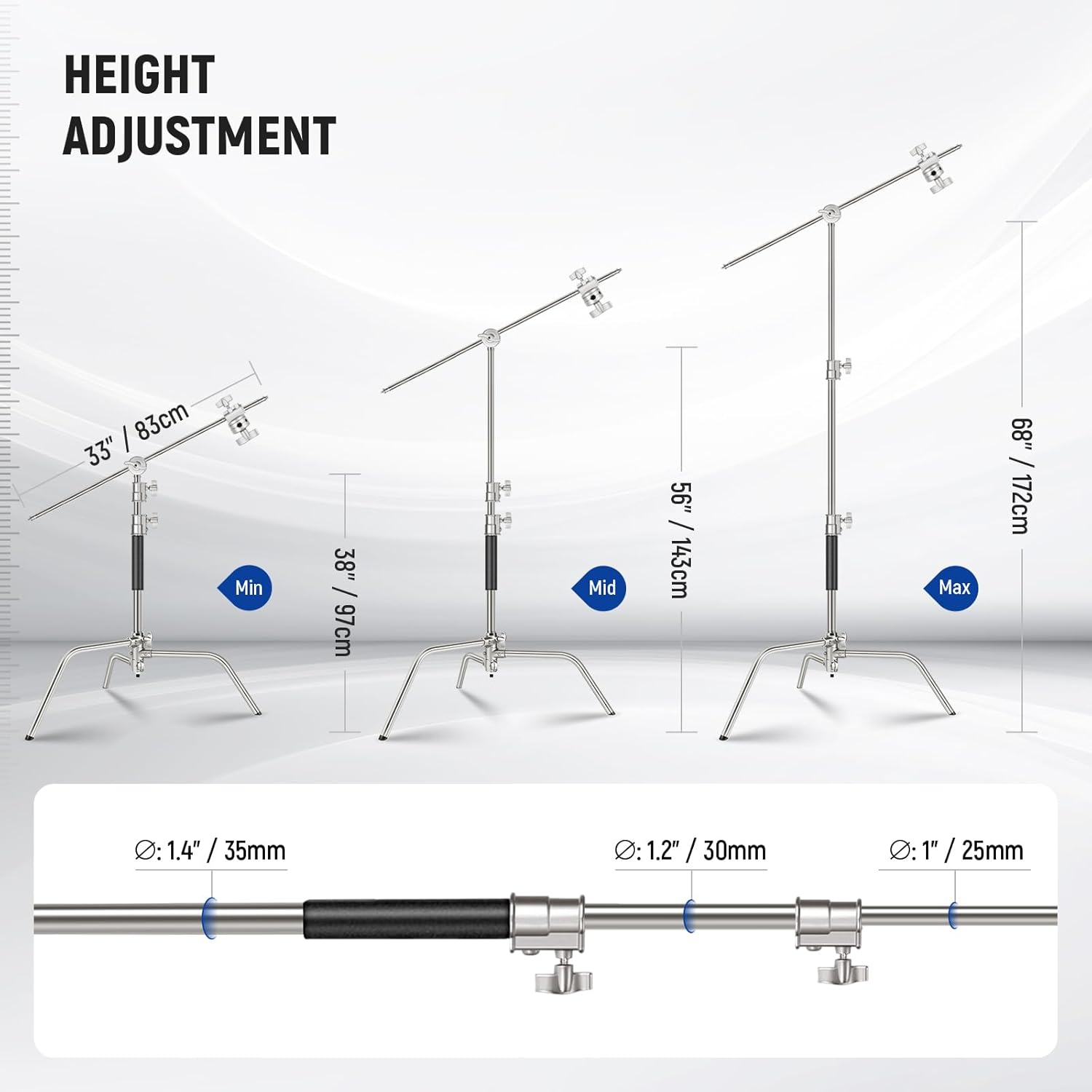 Detalle 2 de NEEWER Pro 100% Stainless Steel Heavy Duty C Stand with Boom Arm (SC172) – 68" Max Height