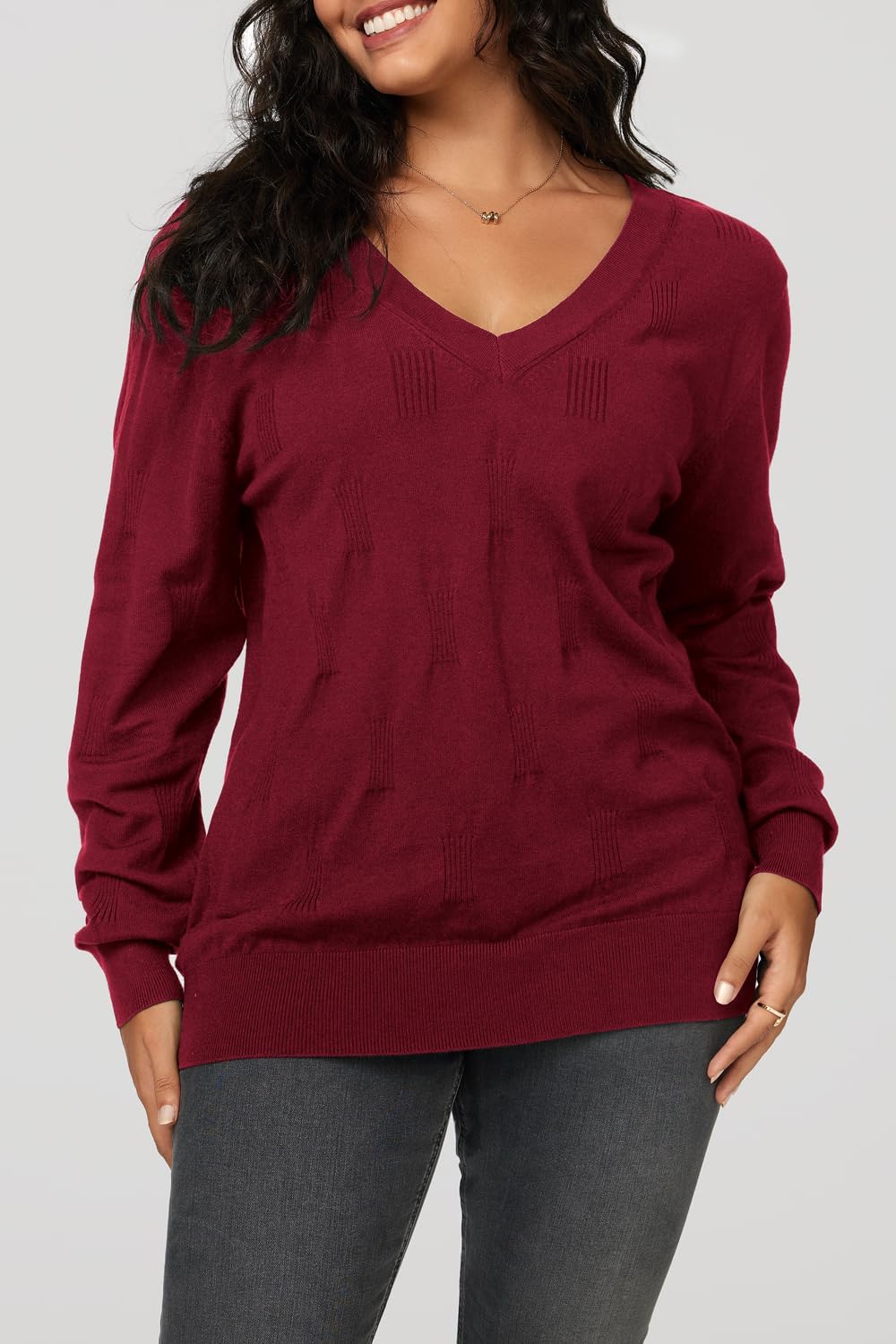 Detalle de Arach&Cloz Women's Lightweight V-Neck Knit Sweater, Long Sleeve