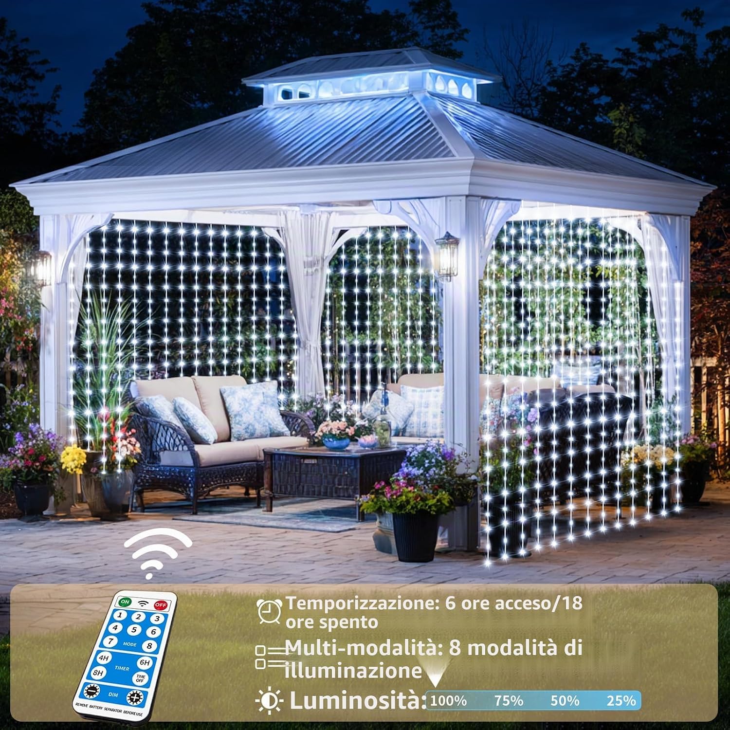 Detalle de GCMacau Ghirlanda di luci a energia solare 6x3 m, 600 LED IP65 con 8 modalità, memoria e timer
