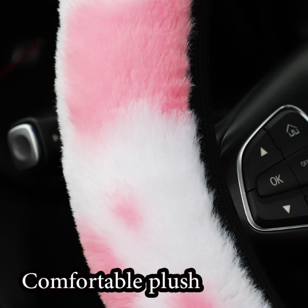 Detalle 2 de 3Pcs Fluffy Cow Print Steering Wheel Covers – Winter Warm Plush Set (37–38cm)