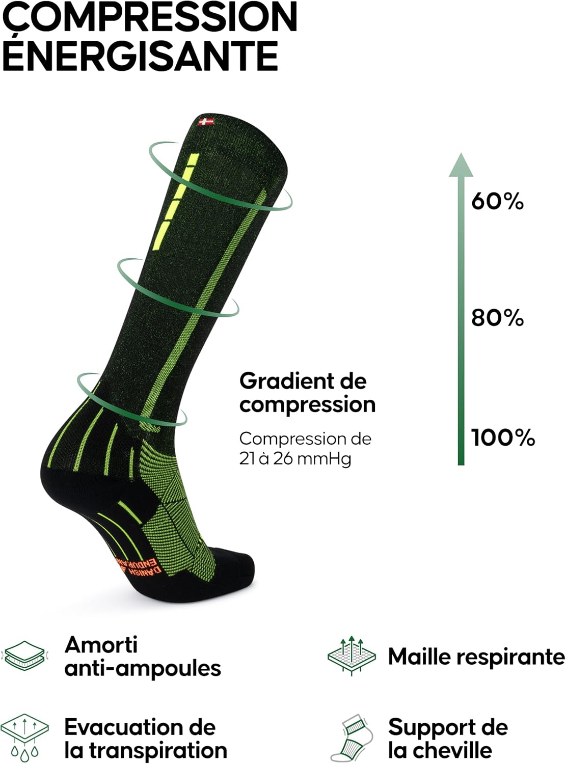 Detalle 2 de DANISH ENDURANCE Chaussettes de Compression 21-26 mmHg (Unisex, Lot de 1 ou 2) – Soin musculaire pour course et voyage