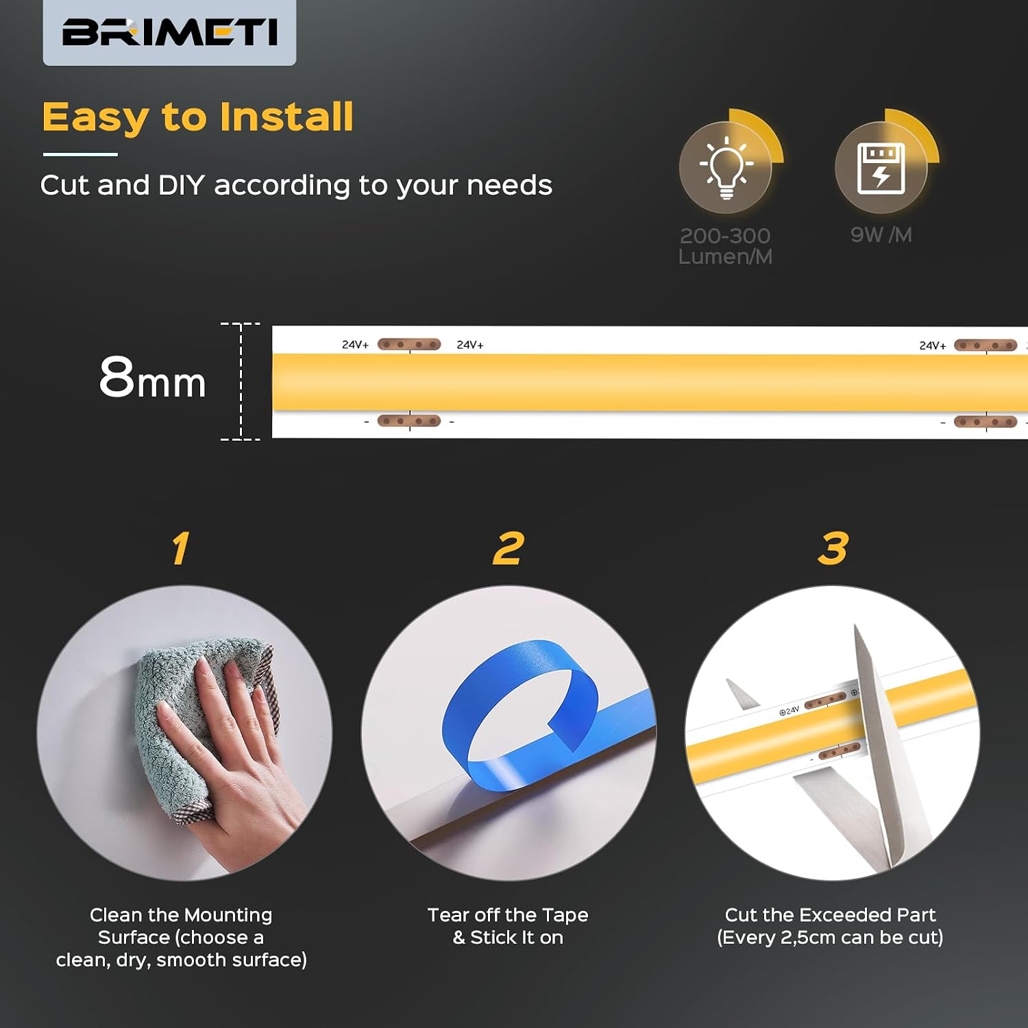 Detalle de BRIMETI 5M taśma LED COB 24 V, 6000 K, 320 LED/m, szerokość 8 mm