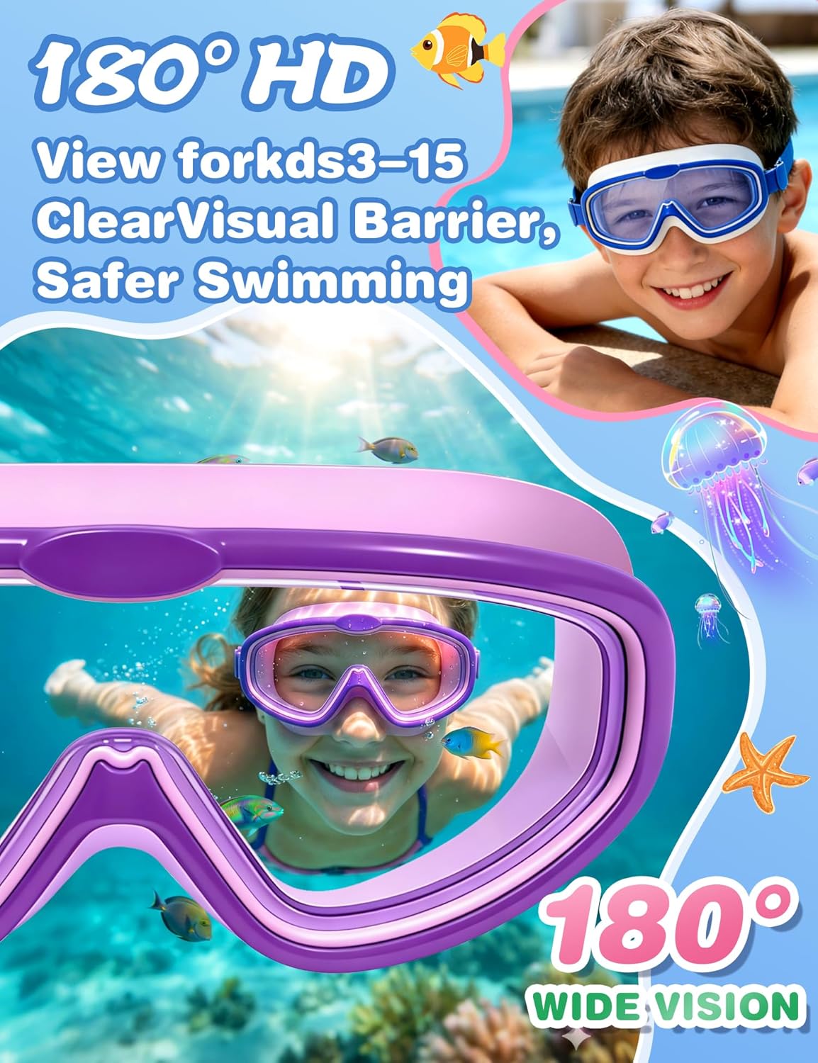 Detalle de FUSHI&MON Kids Swim Goggles (2 Pack) – Clear Vision, Soft Silicone Comfort and Leak-Proof Fit
