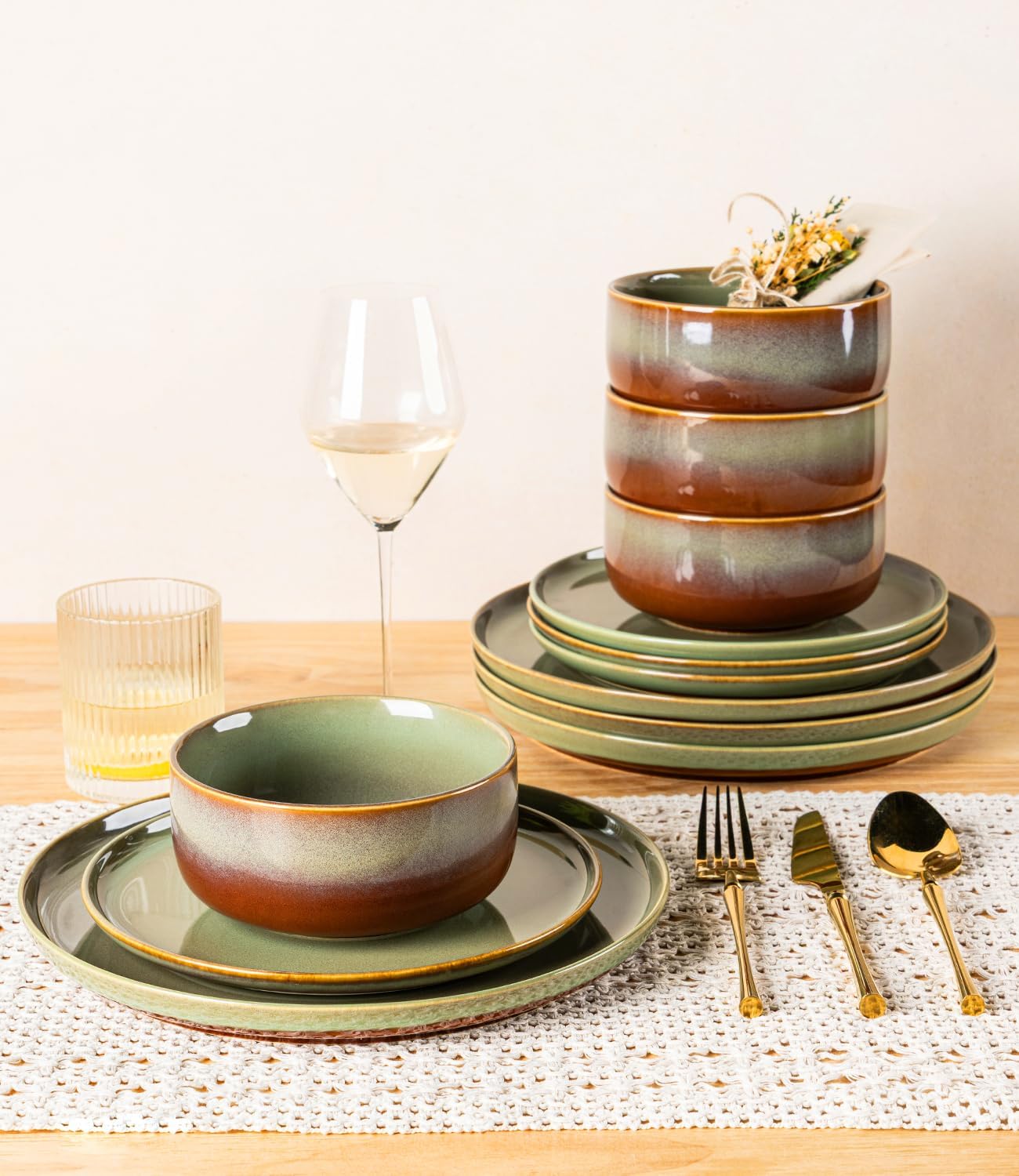 Thumbnail 6 de TheTerra 18-Piece Ceramic Dinnerware Set for 6 in Sage Umber – Handcrafted, Reactive Glaze