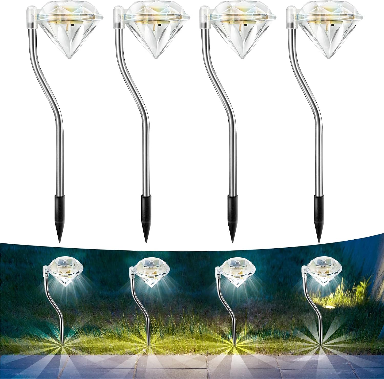 Detalle de Anordsem Solar Lights Outdoor Garden: Stainless Steel Diamond Stake Lamp 4 Pack