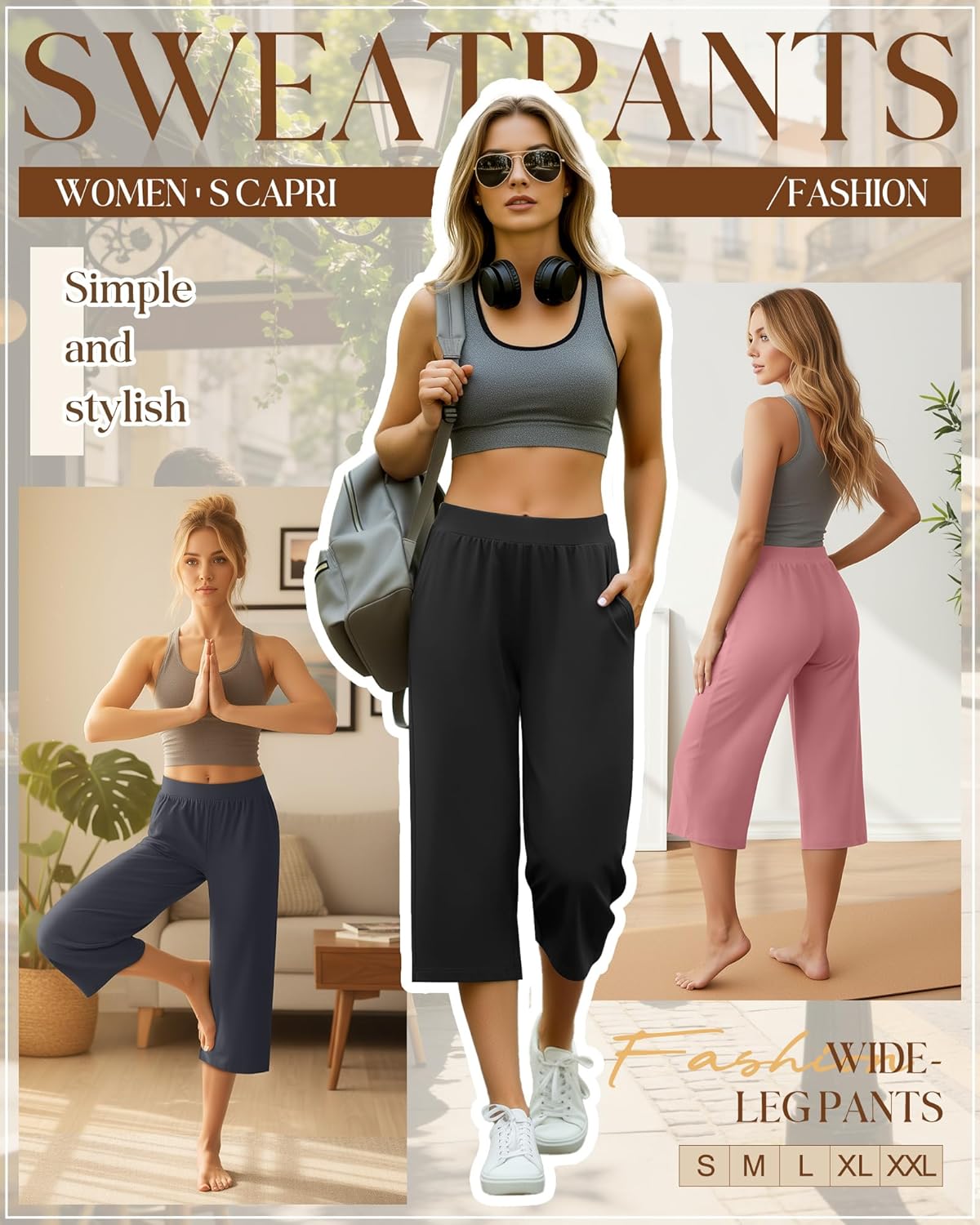 Detalle 2 de Huukeay 3 Pack Women's Capri Sweatpants: Cozy Wide-Leg Cropped Capris with Pockets