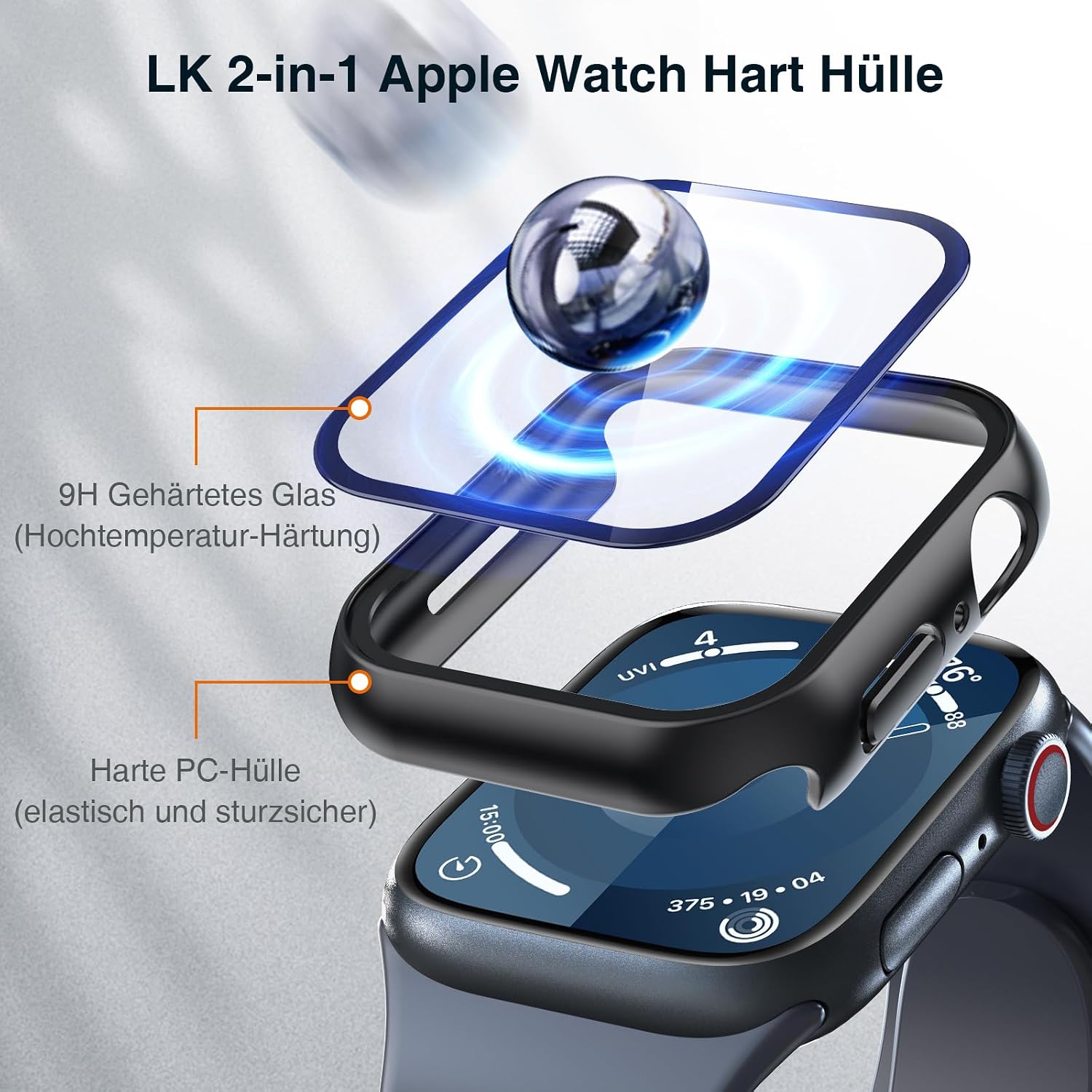 Thumbnail 2 de LK 2 Stück Schutzhülle für Apple Watch Series 9/8/7 45 mm – Klarer Hard-PC Protector in Schwarz