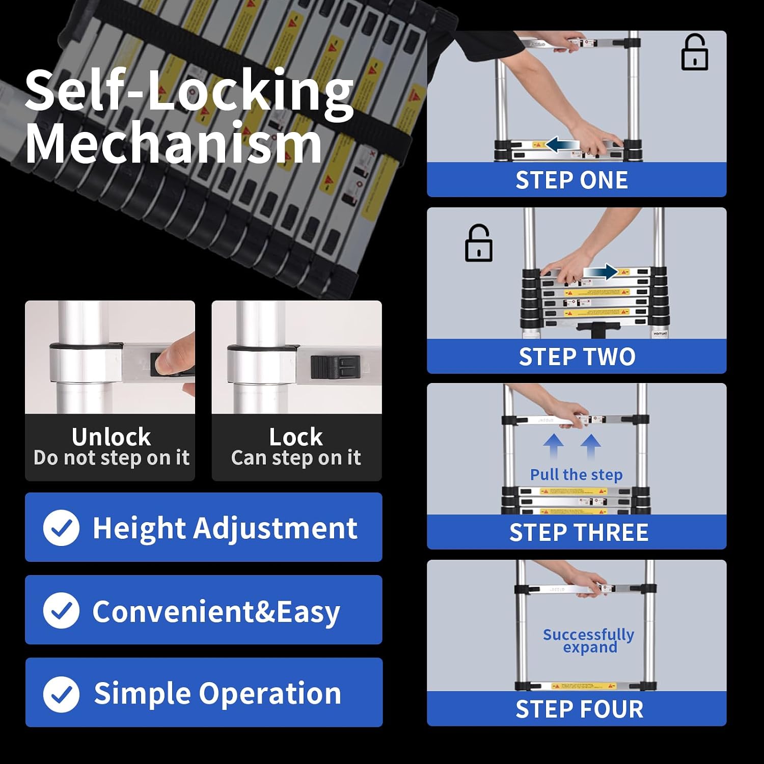 Detalle 1 de JADDUO 29.5 FT Telescoping Aluminum Ladder with Hooks, Wheels & Stabilizer Bar