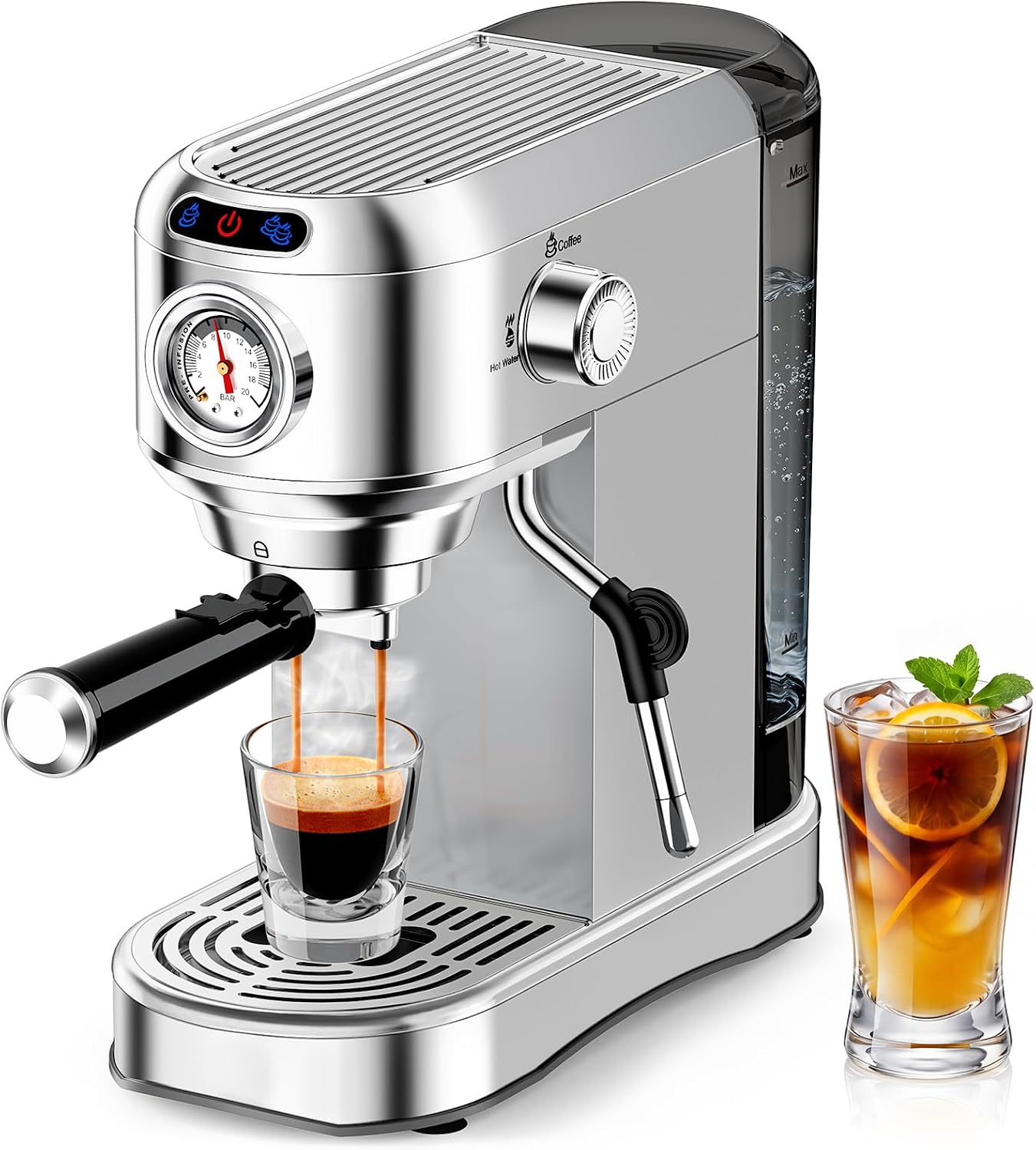 Detalle de AERCANA Espresso Machine 20 Bar – Compact 2-in-1 with Milk Frother (Silver)