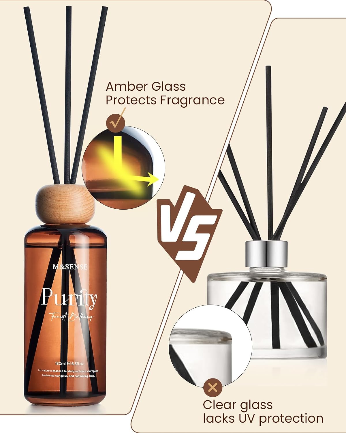 Detalle de M&SENSE MSRD0408 RoseAmber Reed Diffuser, 180 ml Amber Glass, 7 Sticks