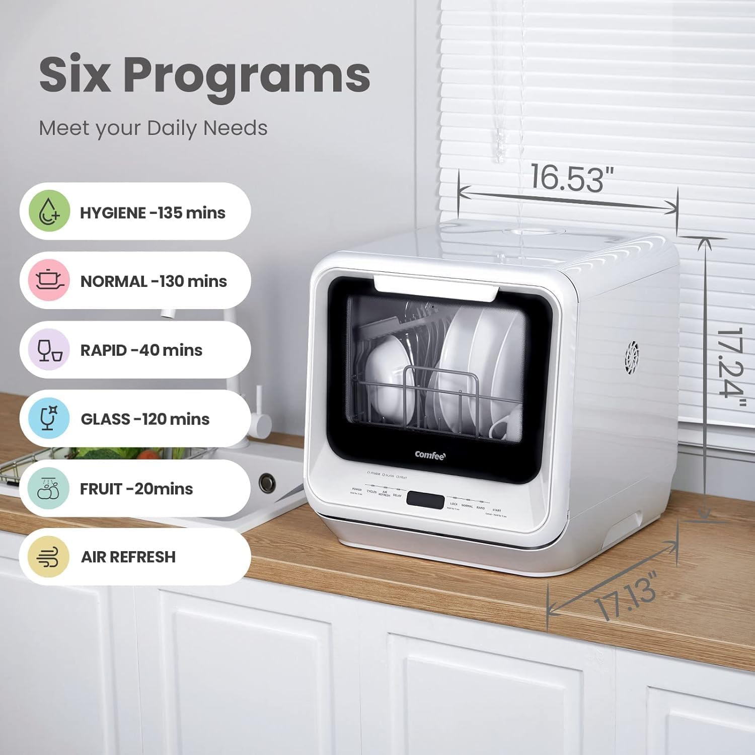 Detalle de COMFEE' CDC17P0AWB Countertop Dishwasher, 1.32-Gallon Tank, 6 Programs