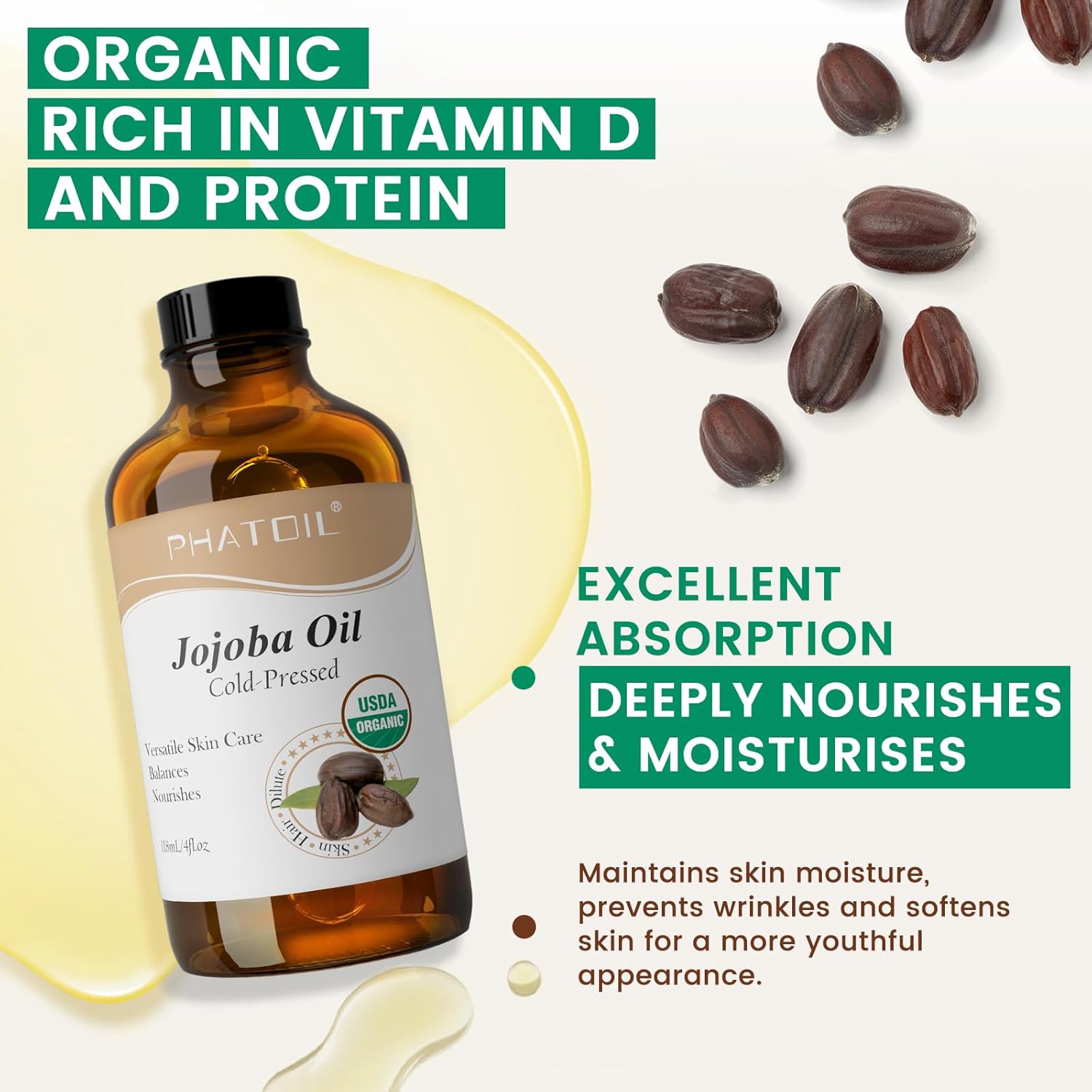 Detalle de PHATOIL Jojobaöl Bio kaltgepresst 118 ml Gesichtsöl