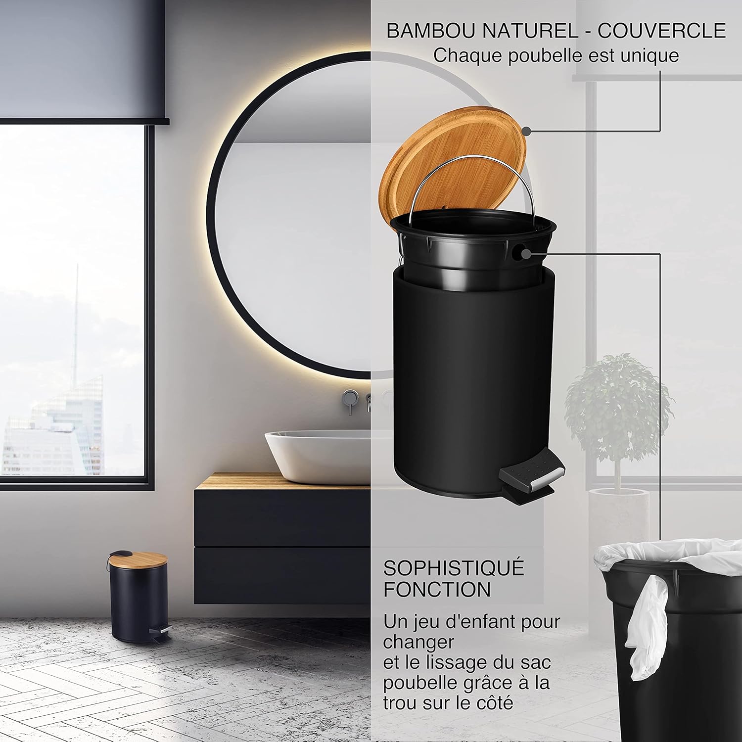 Thumbnail 4 de VMbathrooms Poubelle de salle de bain 3 L – design noir élégant, pédale et Soft Close