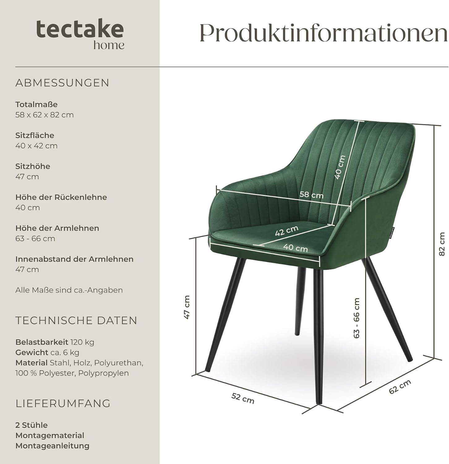Detalle de tectake 405740 matstolar i sammet, 2-pack, mörkgrön/svart