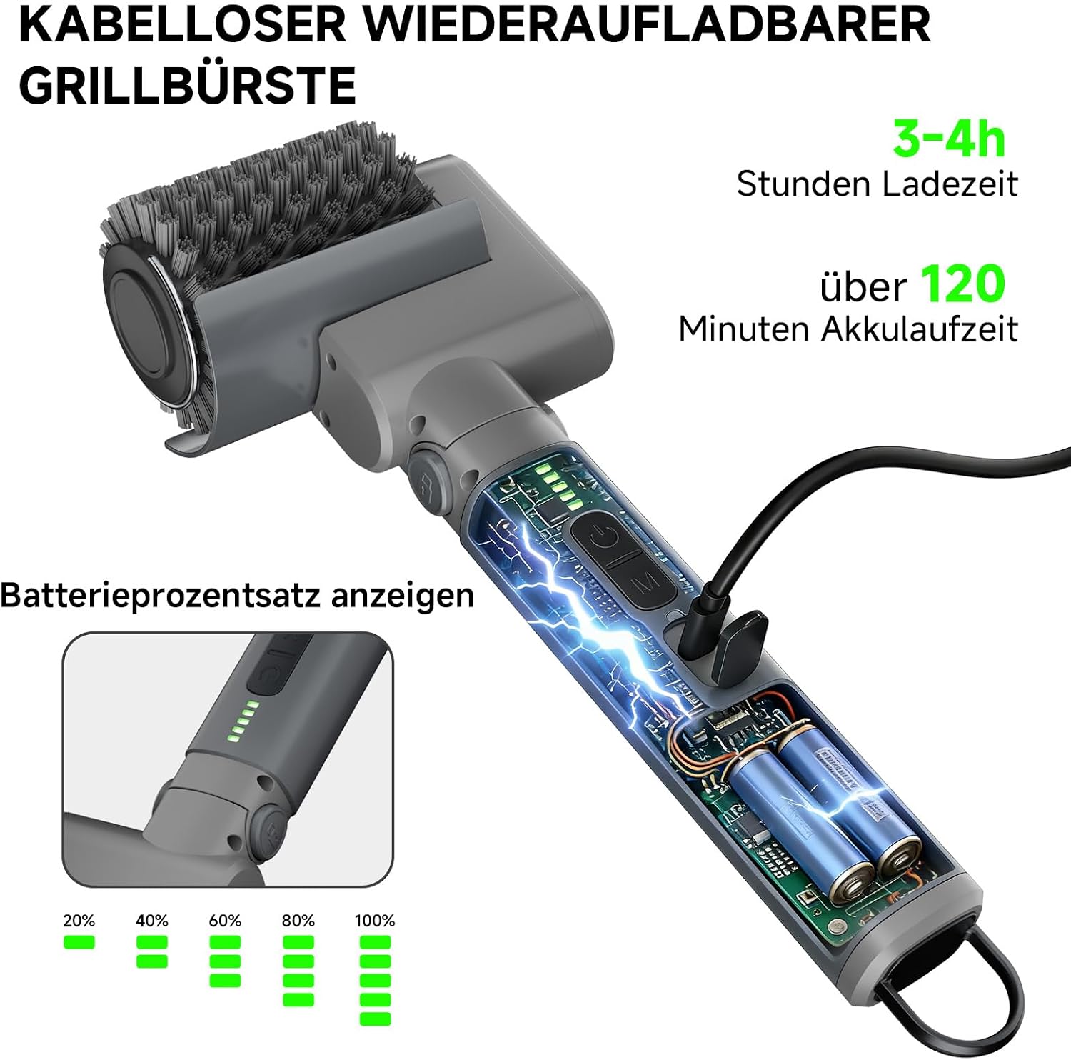 Thumbnail 3 de Elektrische Grillbürste mit 3 Geschwindigkeiten, Akku, verstellbarem Bürstenkopf und IPX5 – besonders geeignet für Gussrost