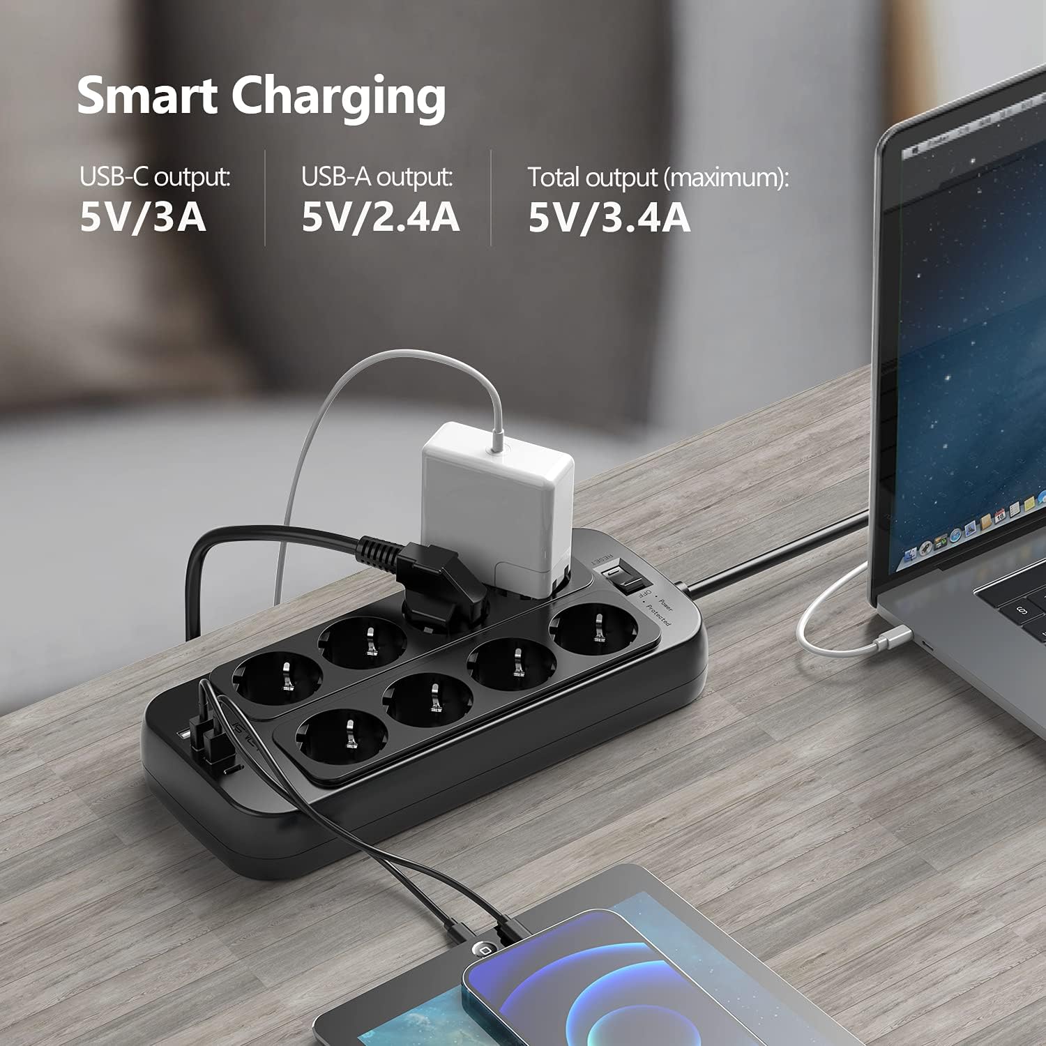 Thumbnail 2 de JSVER Multiprise 8 prises avec USB-C et USB-A, câble 2 m – Surtension, terre et interrupteur