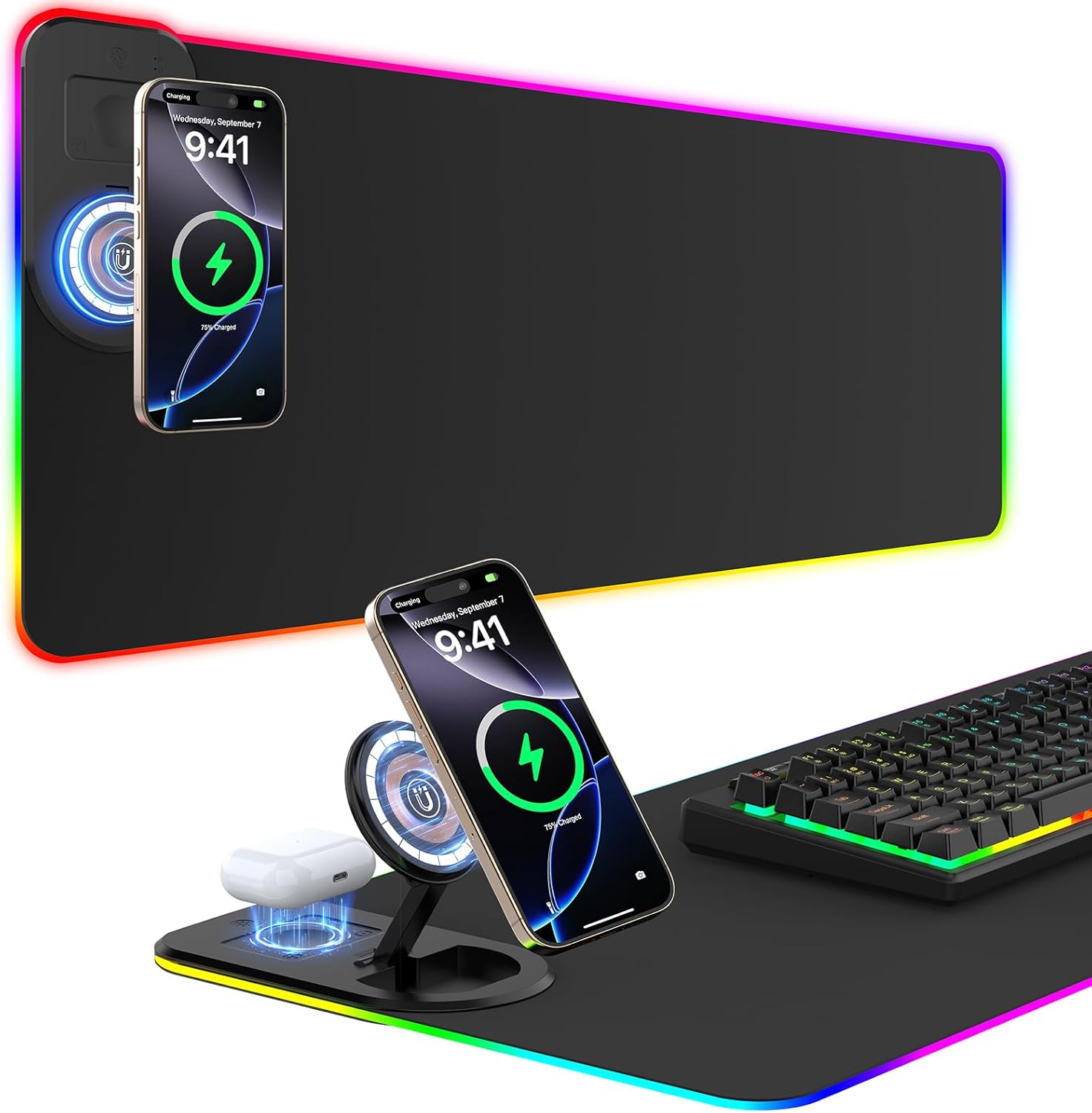 Detalle de GIM RGB Gaming Mauspad mit Qi-Ladefunktion 15 W, LED & 800x350x4 mm (schwarz)