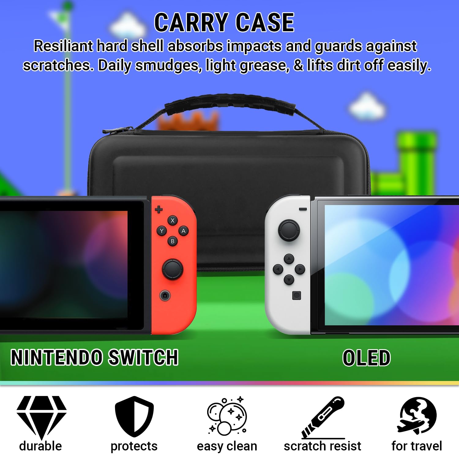 Detalle 2 de Orzly Geek Pack Accessory Bundle Kit for Nintendo Switch (Jet Black) with Case, Screen Protectors, Joy-Con Grips, Wheels & Charge Station