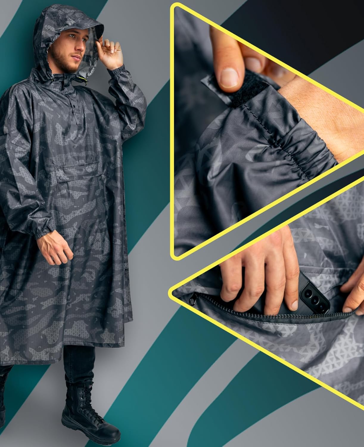 Detalle 2 de Jubi Regenponcho Herren – 100% recyceltes Polyester, wasserdicht, leicht und nachhaltig