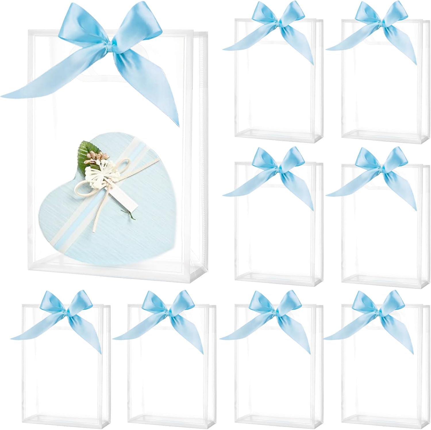 Medium Gift Bags with Handle, 8 Pack – Clear PVC with Blue Ribbon Bow (Blue) for Festive Occasions