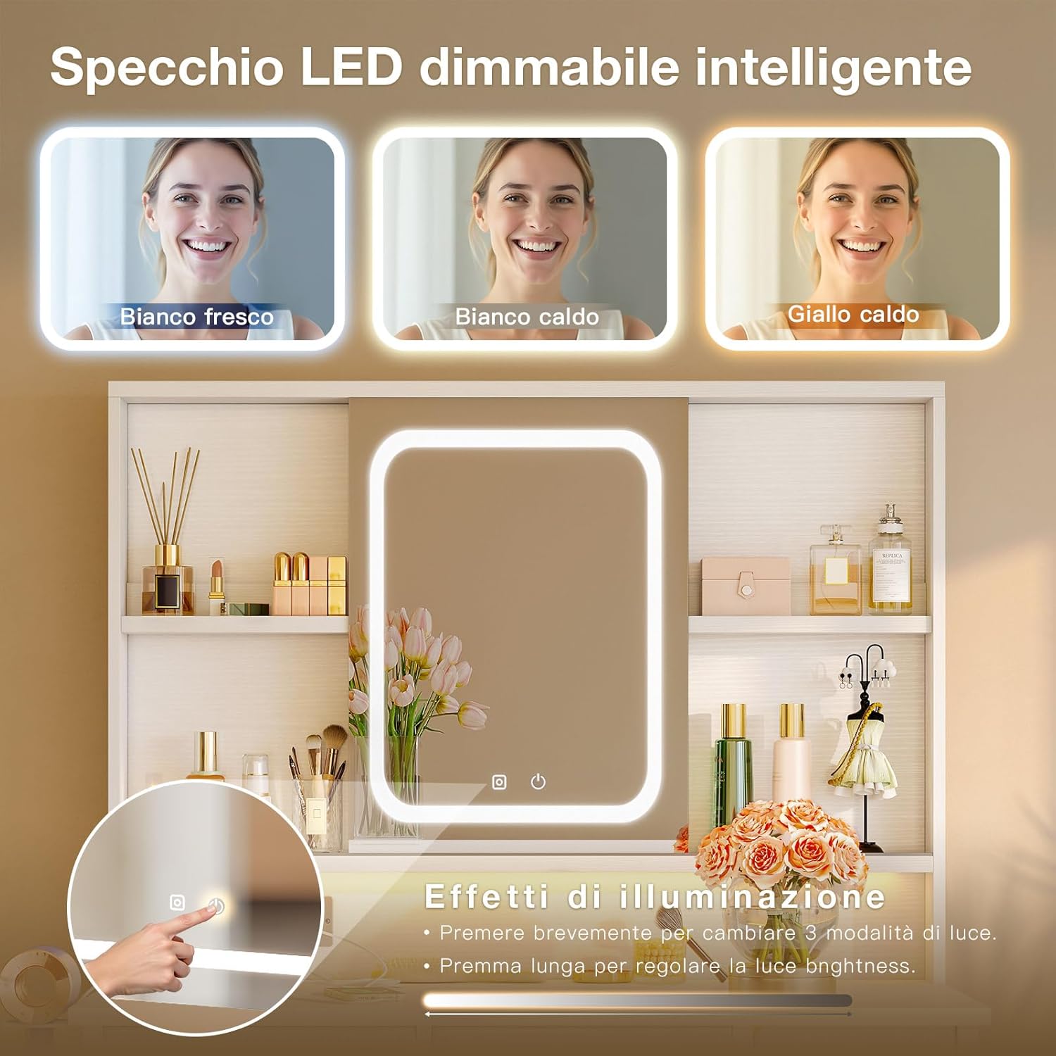 Detalle de ODK Tavolo da toeletta con specchio LED mobile (5) – 8 cassetti, USB, barra RGB, bianco, 110 × 40 × 137 cm