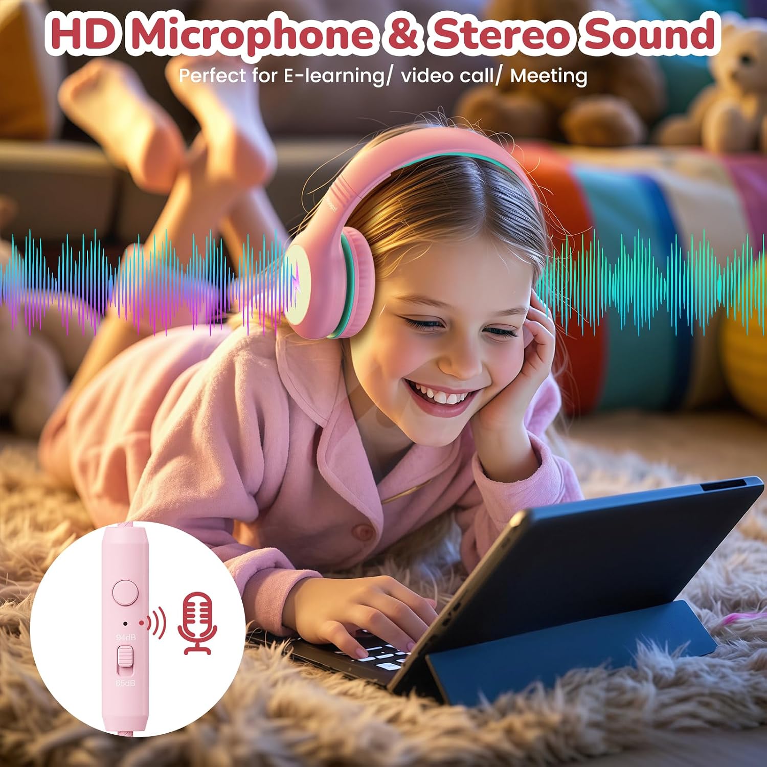 Detalle 2 de Wuopzf Kids USB-C Over-Ear Headphones with Volume Limiter, Mic & LED Lights (Pink) – Foldable School Set