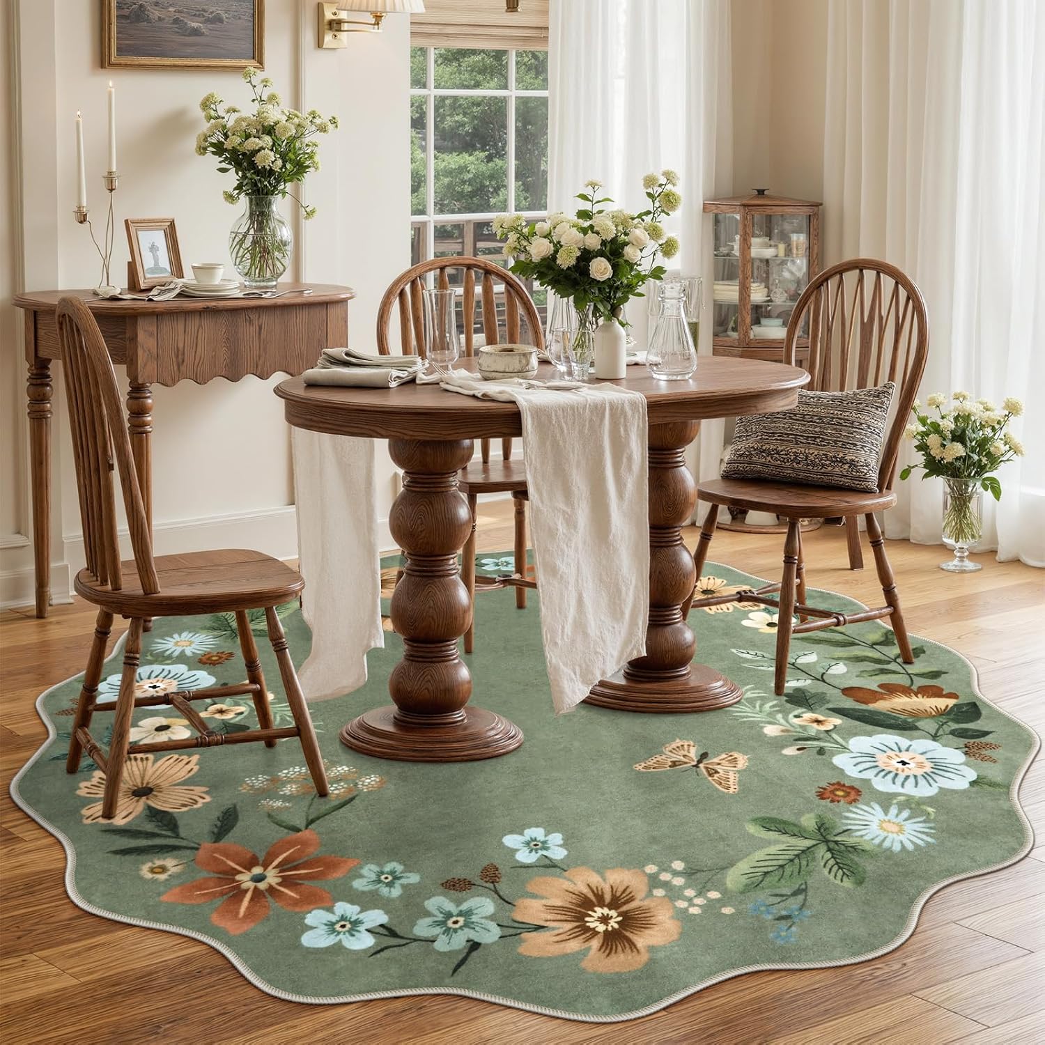 Detalle de Lahome Floral Washable Round Area Rug, 5ft Round, Non-Slip, Boho Green