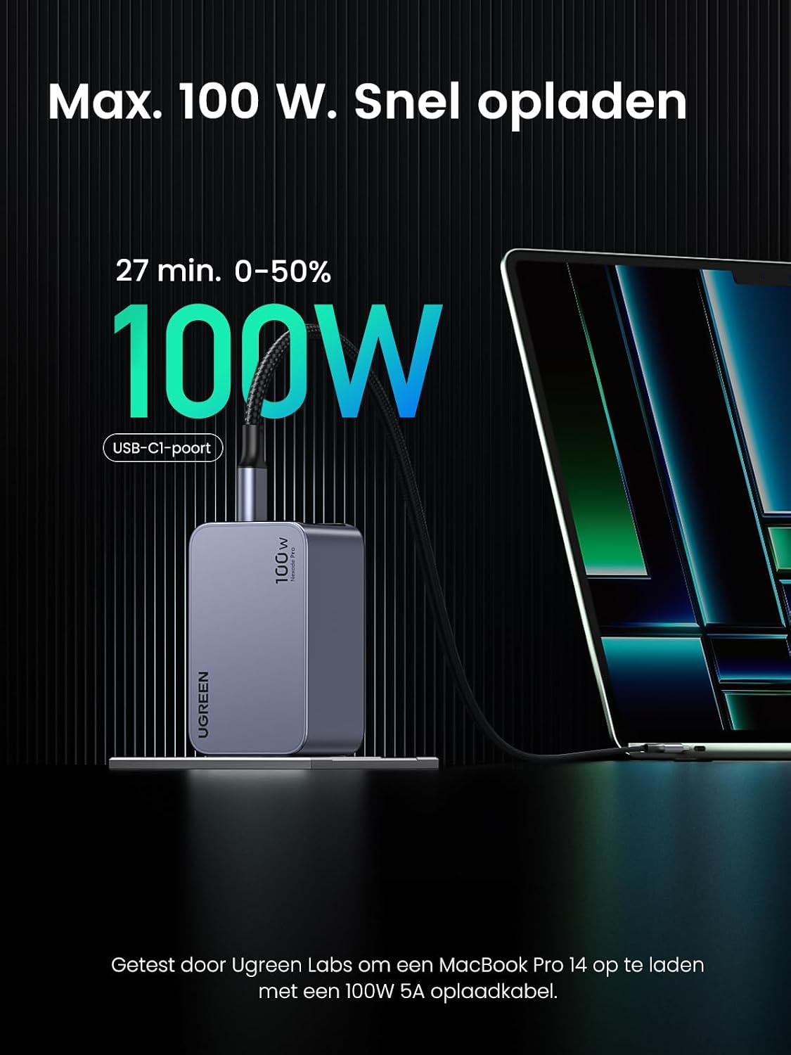 Detalle de UGREEN Nexode Pro Mini USB-C-lader 100 W met GaN en 3 poorten