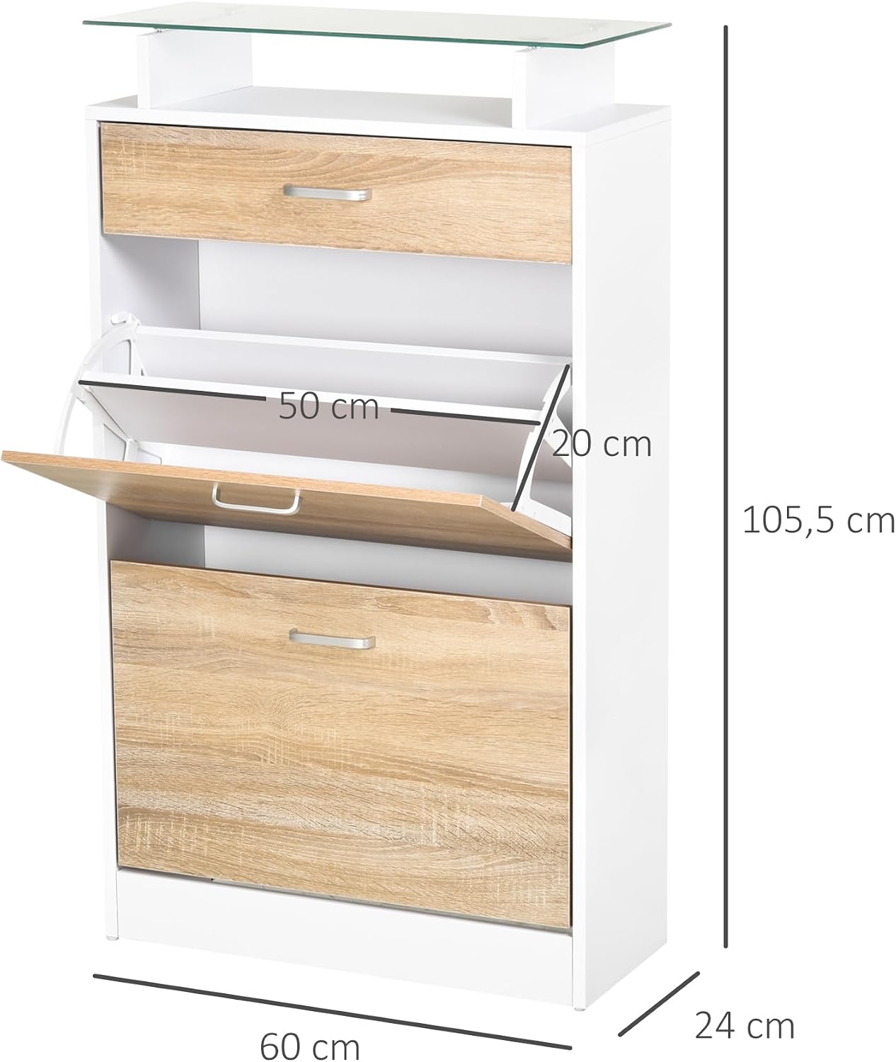 Thumbnail 2 de HOMCOM Armoire à Chaussures — Meuble de rangement 2 portes abatantes, 2 compartiments, tiroir et plateau en verre, bois chêne blanc