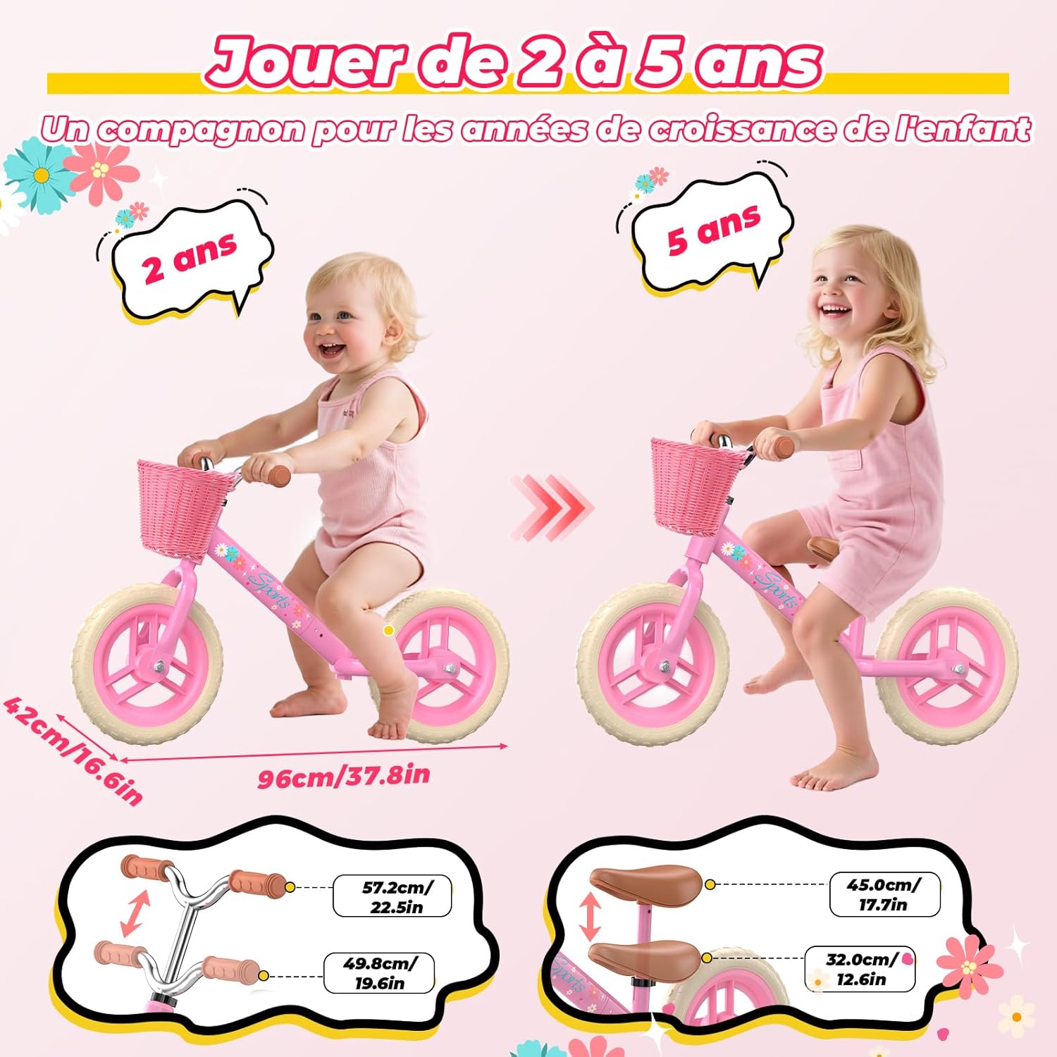 Detalle de HappyGoLucky draisienne évolutive 2 à 5 ans avec roues lumineuses, hauteur réglable et panier tressé