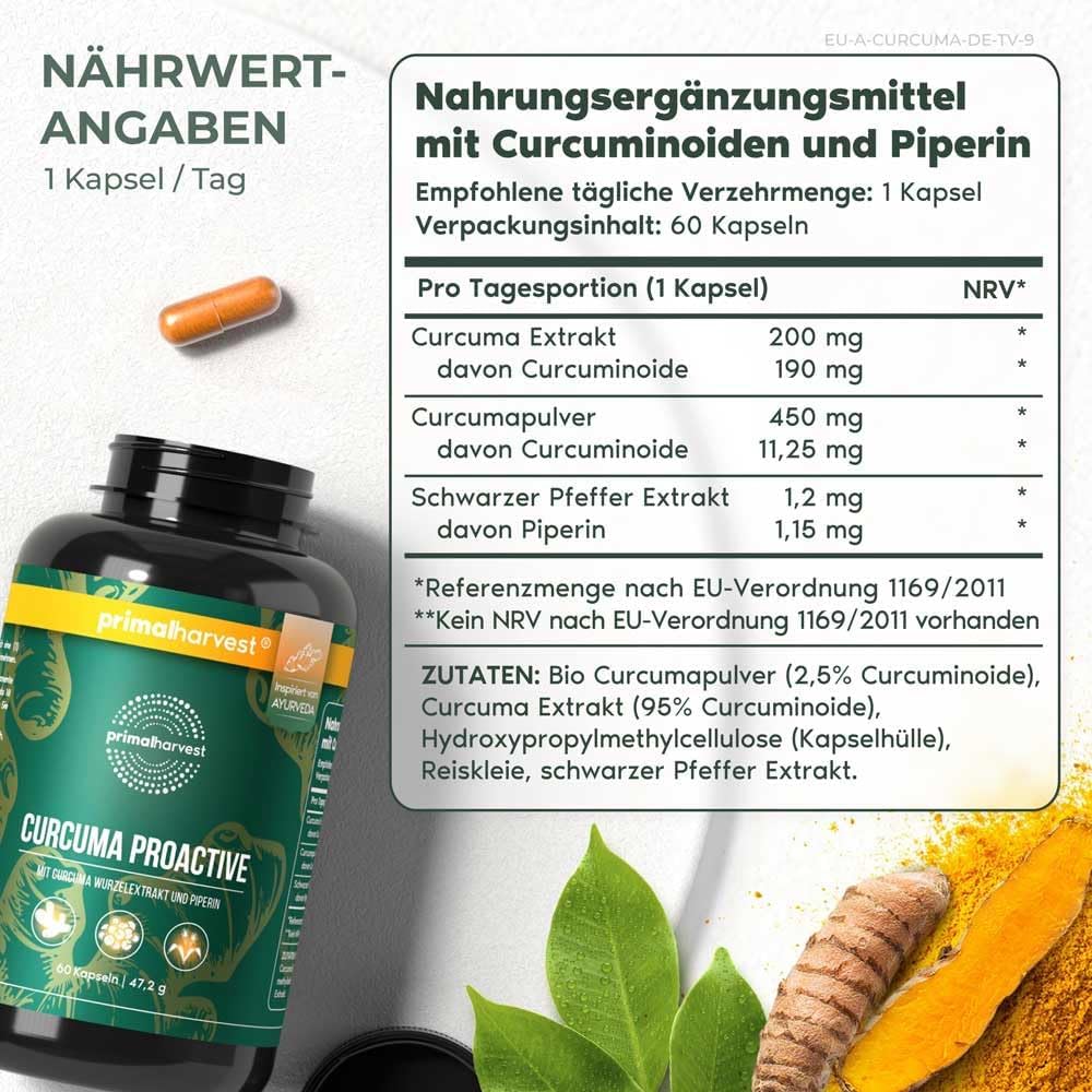 Thumbnail 1 de Primal Harvest Curcuma Proactiv – 60 Kapseln mit 95% Curcuminoiden & BioPerine, vegan, laborgeprüft