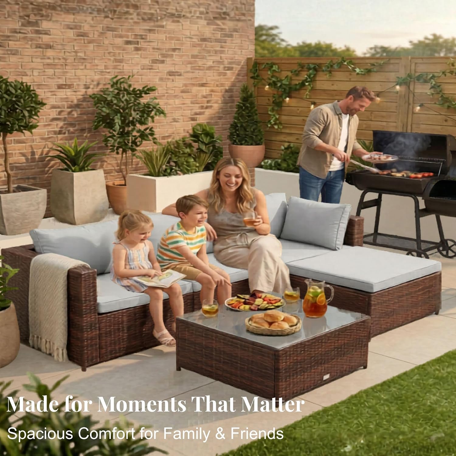 Thumbnail 6 de EVRE Miami Rattan Garden Furniture: 5‑Seat Corner Sofa Set with Glass Table and Cushions