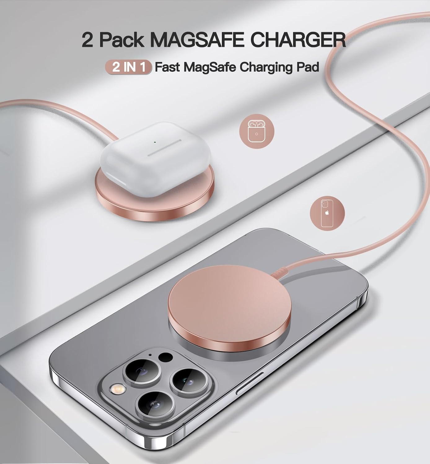 Detalle de OANDYS MagSafe Charger 2 Pack — 15W Fast Magnetic Wireless Charger for iPhone 17/16/15/14/13/12 Series & AirPods