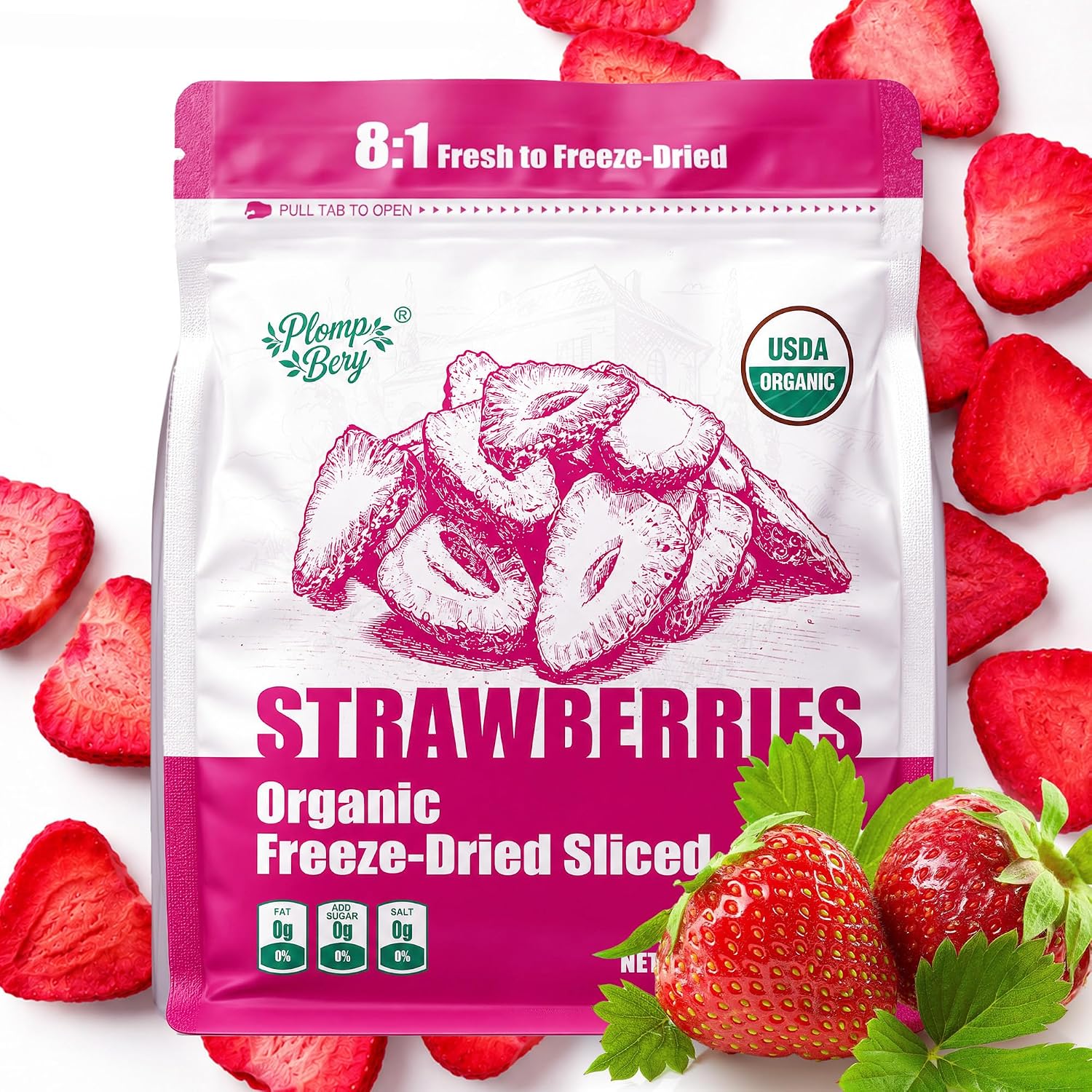 Detalle de PlompBery Organic Freeze-Dried Strawberry Slices, 8.8 oz, No Added Sugar