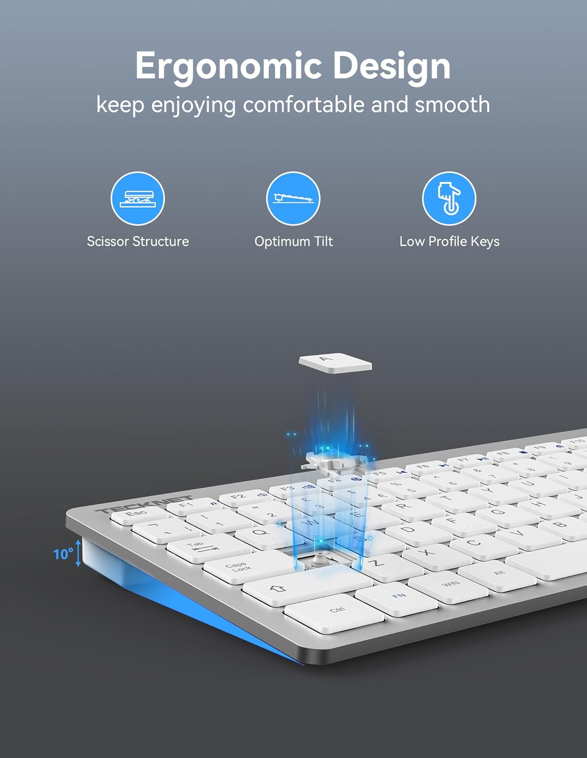 Detalle de TECKNET 2.4G Wireless Keyboard (Silver) – ultra-slim compact mini keyboard with media hotkeys