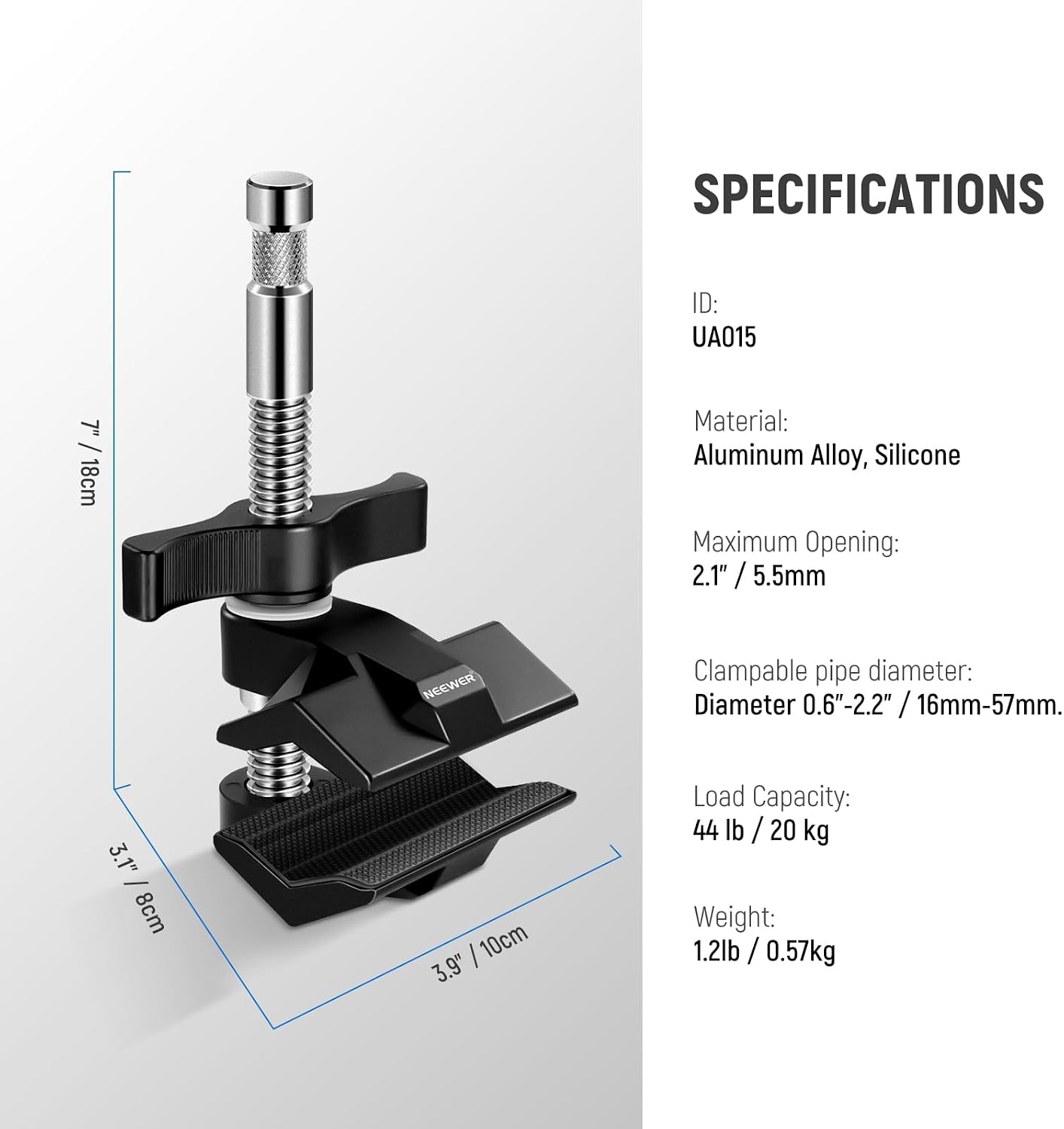 Thumbnail 6 de NEEWER 2" End Jaw Grip Clamp with 5/8" Stud (UA015) for C Stands and Tubular Supports