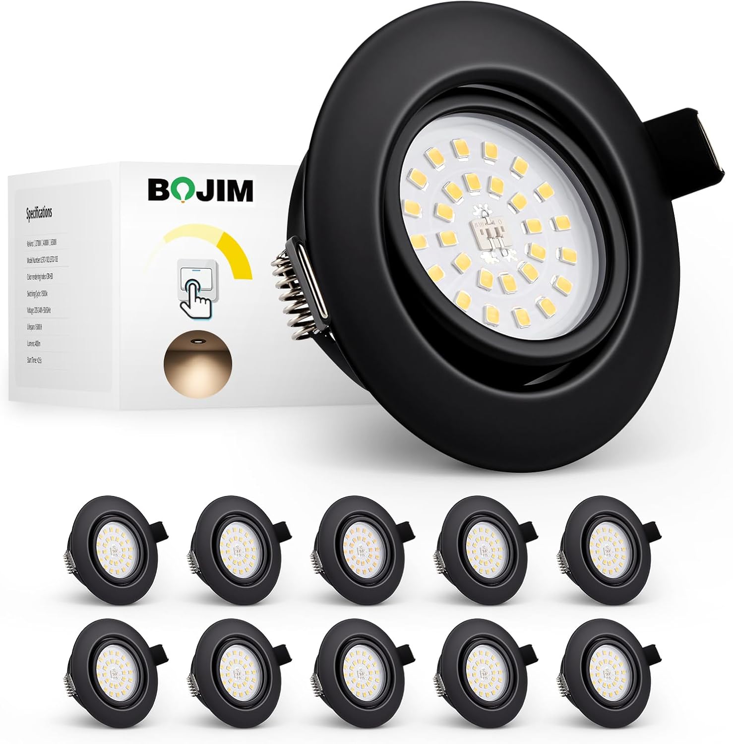 Detalle de Bojim zwarte dimbare LED-inbouwspots, 10 stuks, 4000 K, 650 lm