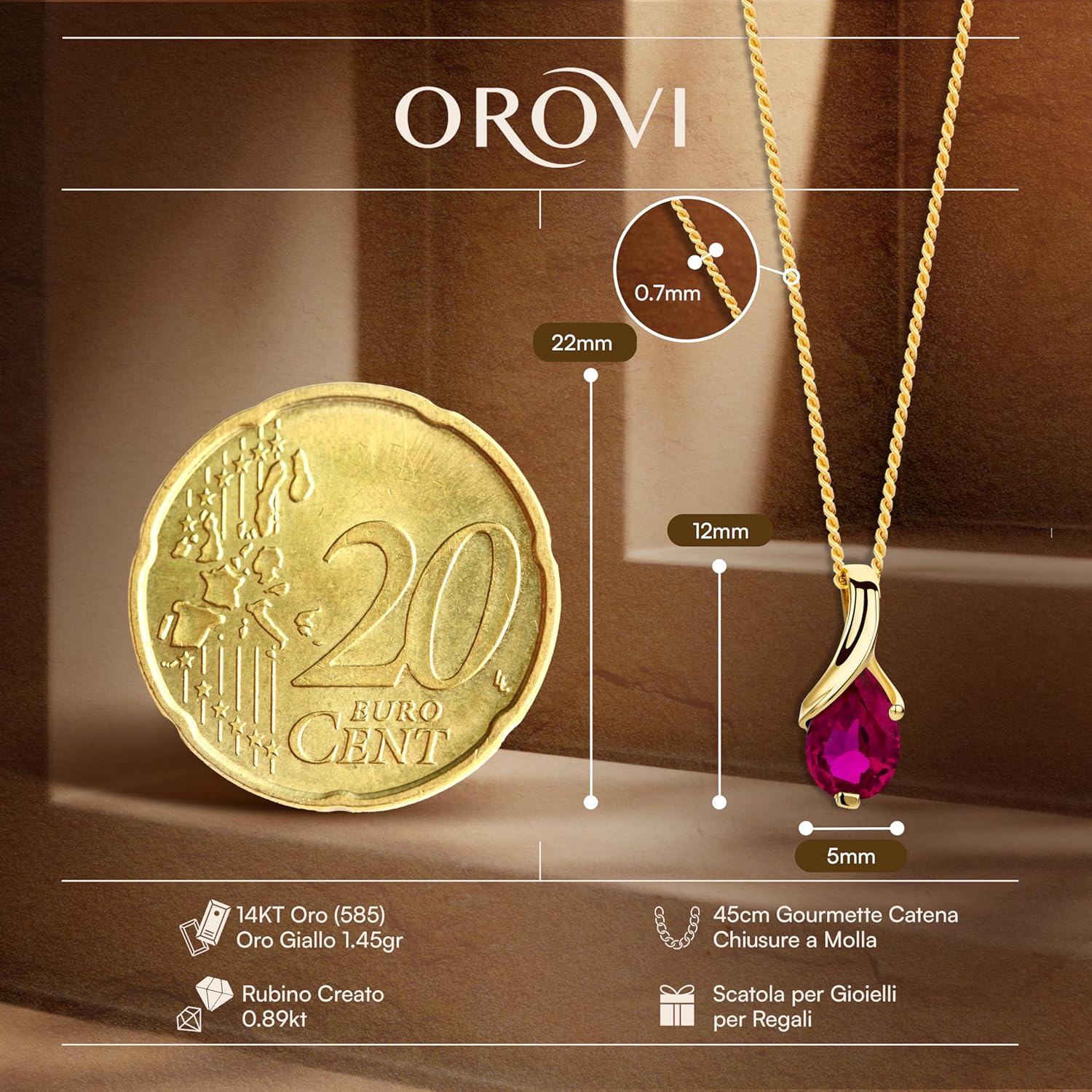 Thumbnail 1 de Orovi Collana Donna in Oro 14Kt con Rubino Sintetico 0,9 Ct – Design artigianale e ipoallergenico