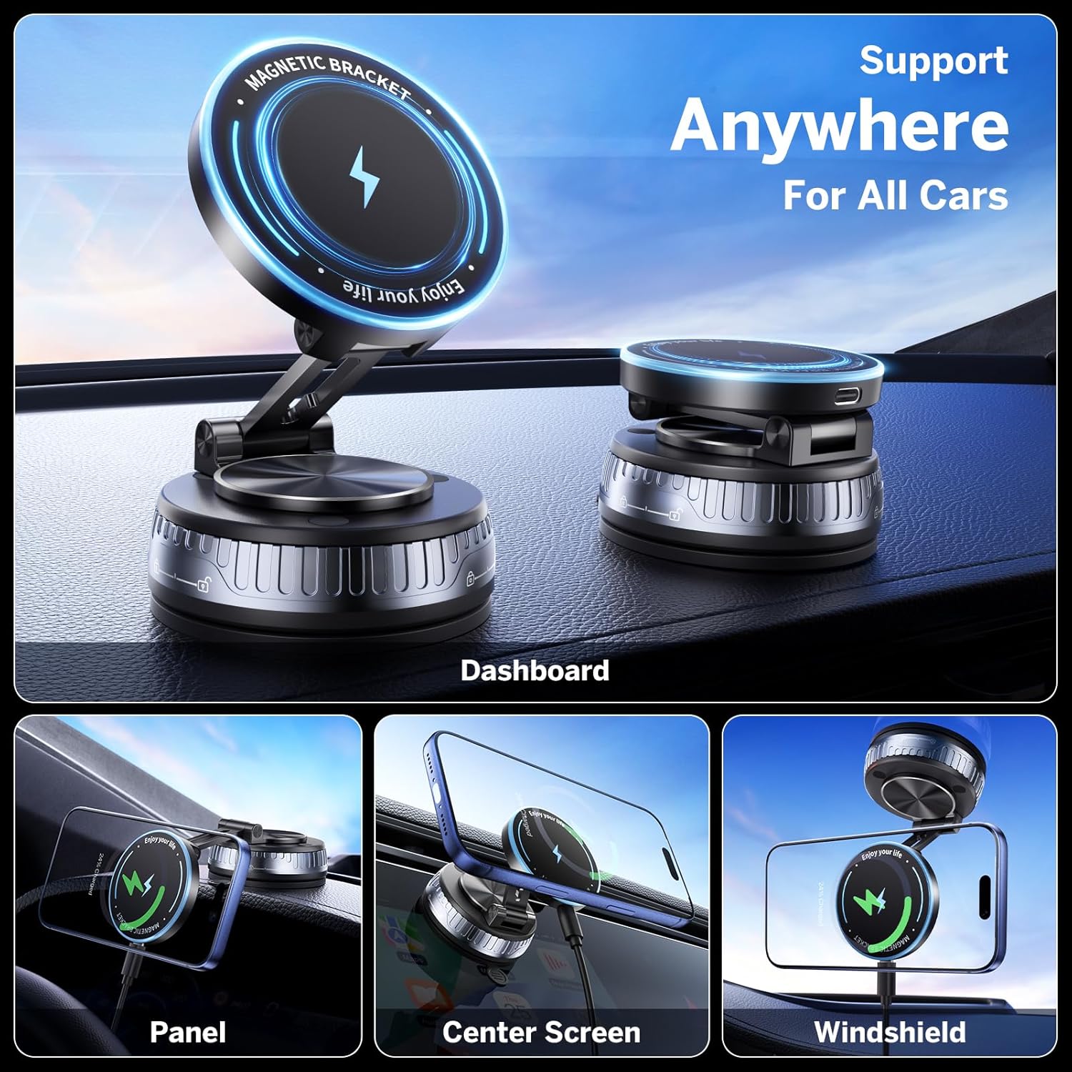 Detalle de VMKLY MagSafe Car Mount Charger with Vacuum Suction — 15W Wireless Phone Holder for Car