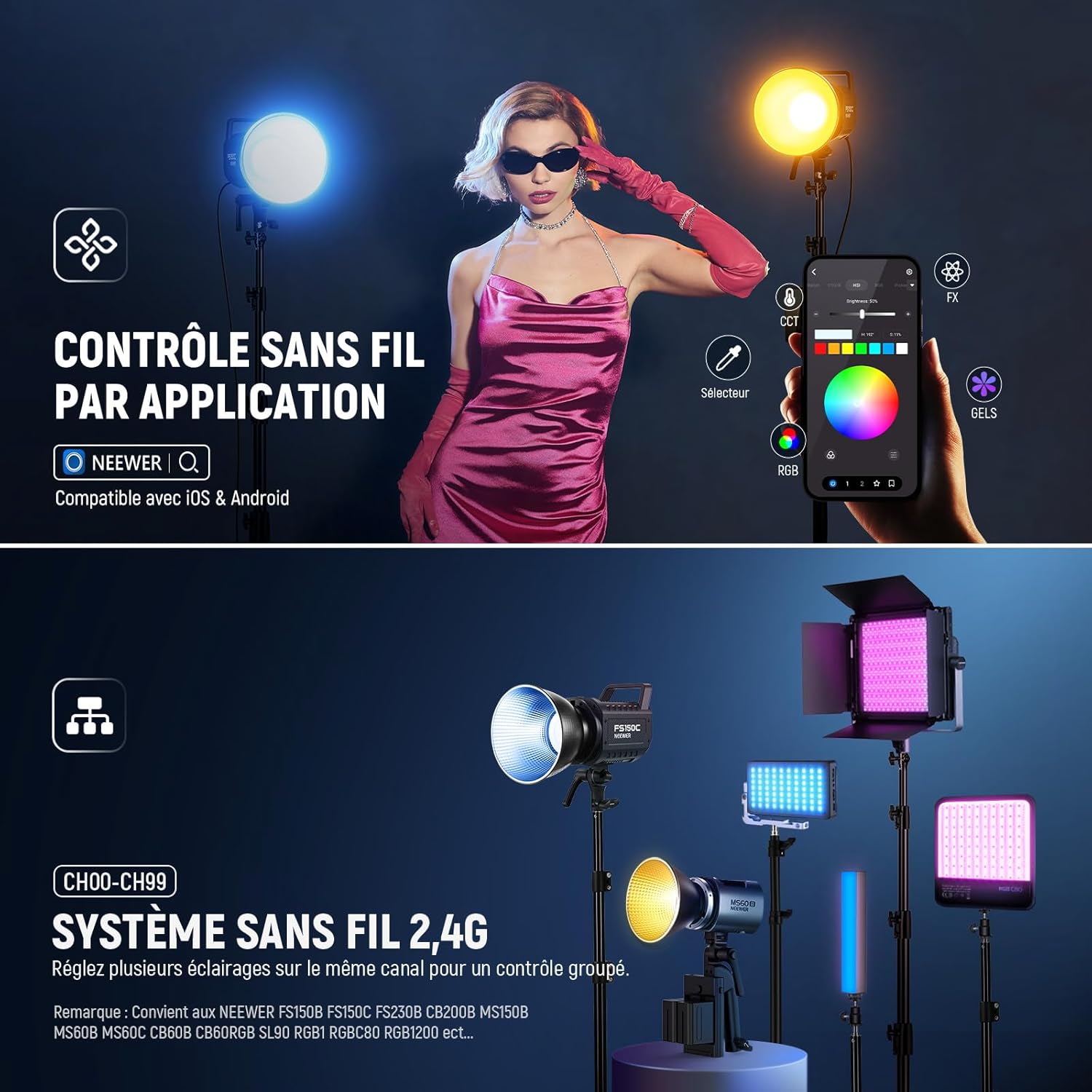 Thumbnail 5 de NEEWER FS150C 130W COB Video Light RGB avec contrôle 2,4G et monture Bowens