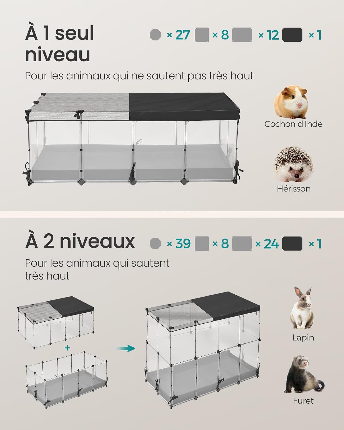 Detalle de SONGMICS Parc Enclos LPC016W01 — Enclos pour Petits Animaux 144 x 74 x 57 cm, Blanc Nuage