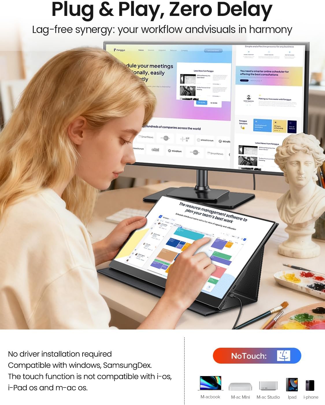 Detalle de EVICIV tragbarer Touchscreen-Monitor 15,6 Zoll (Full HD, 10-Punkt) mit Eye-Care, HDMI & USB-C