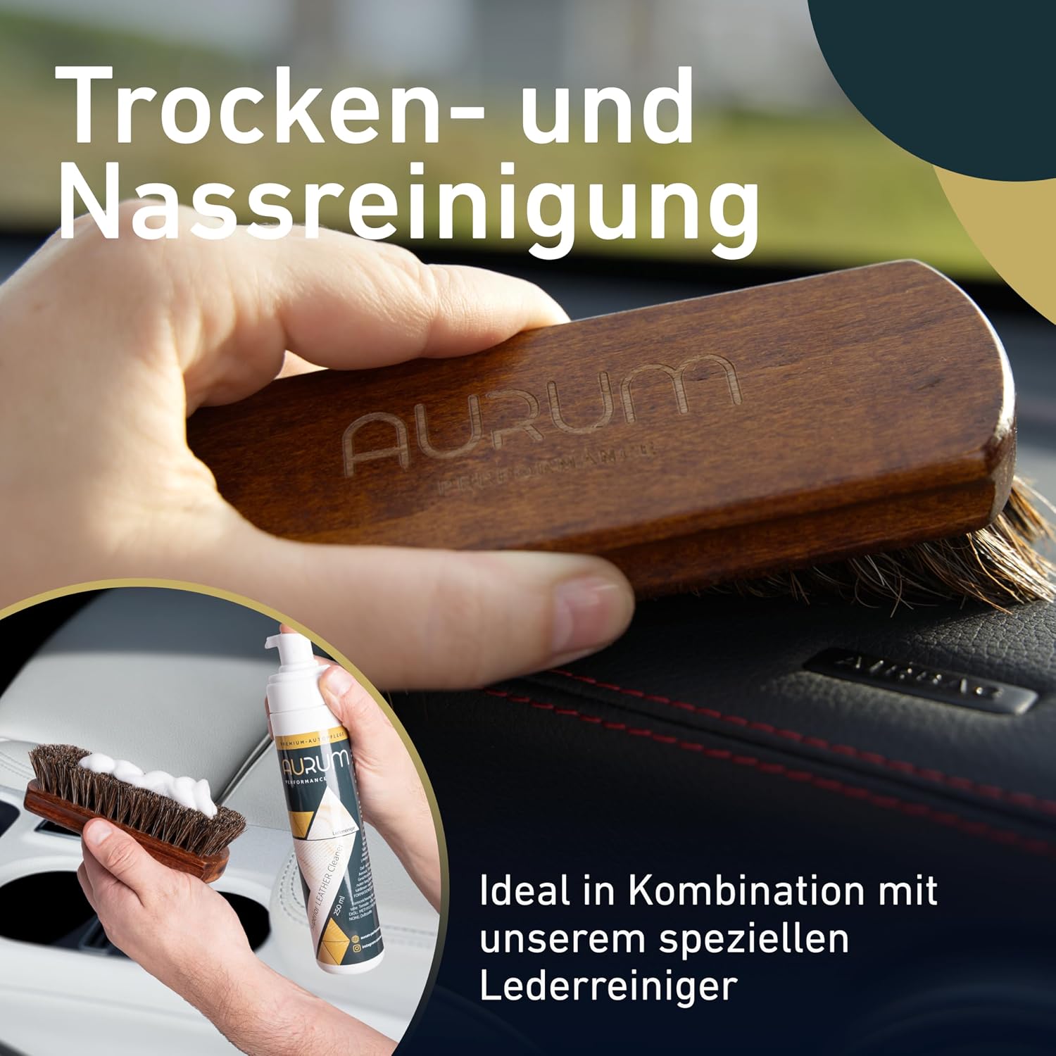 Detalle de Aurum-Performance Lederbürste für Auto & Cabrio-Verdeck – weiche Naturborsten für Glattleder, Kunstleder und mehr