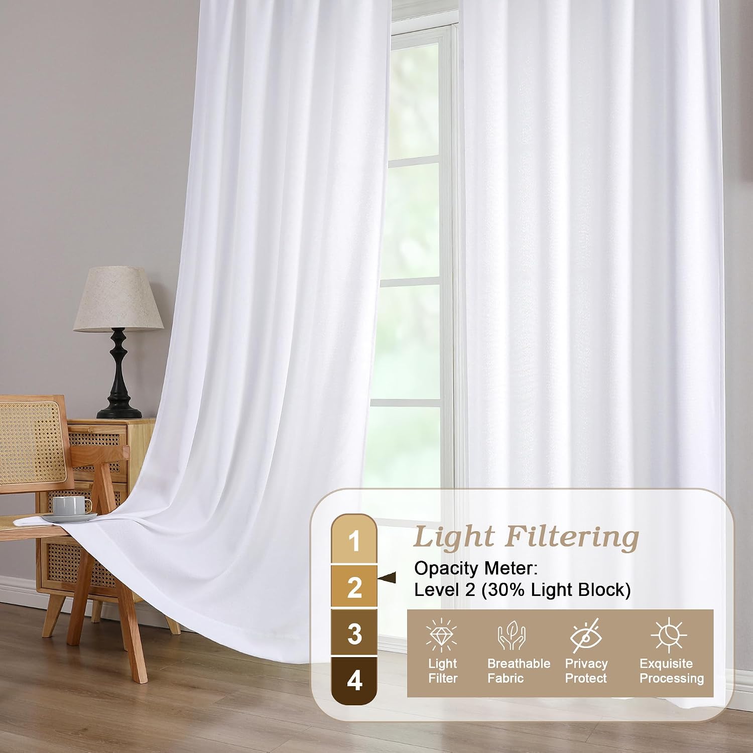 Thumbnail 5 de Simplebrand White Curtains 220 Long 2 Panels Set – Faux Linen Textured, Semi Light Filtering